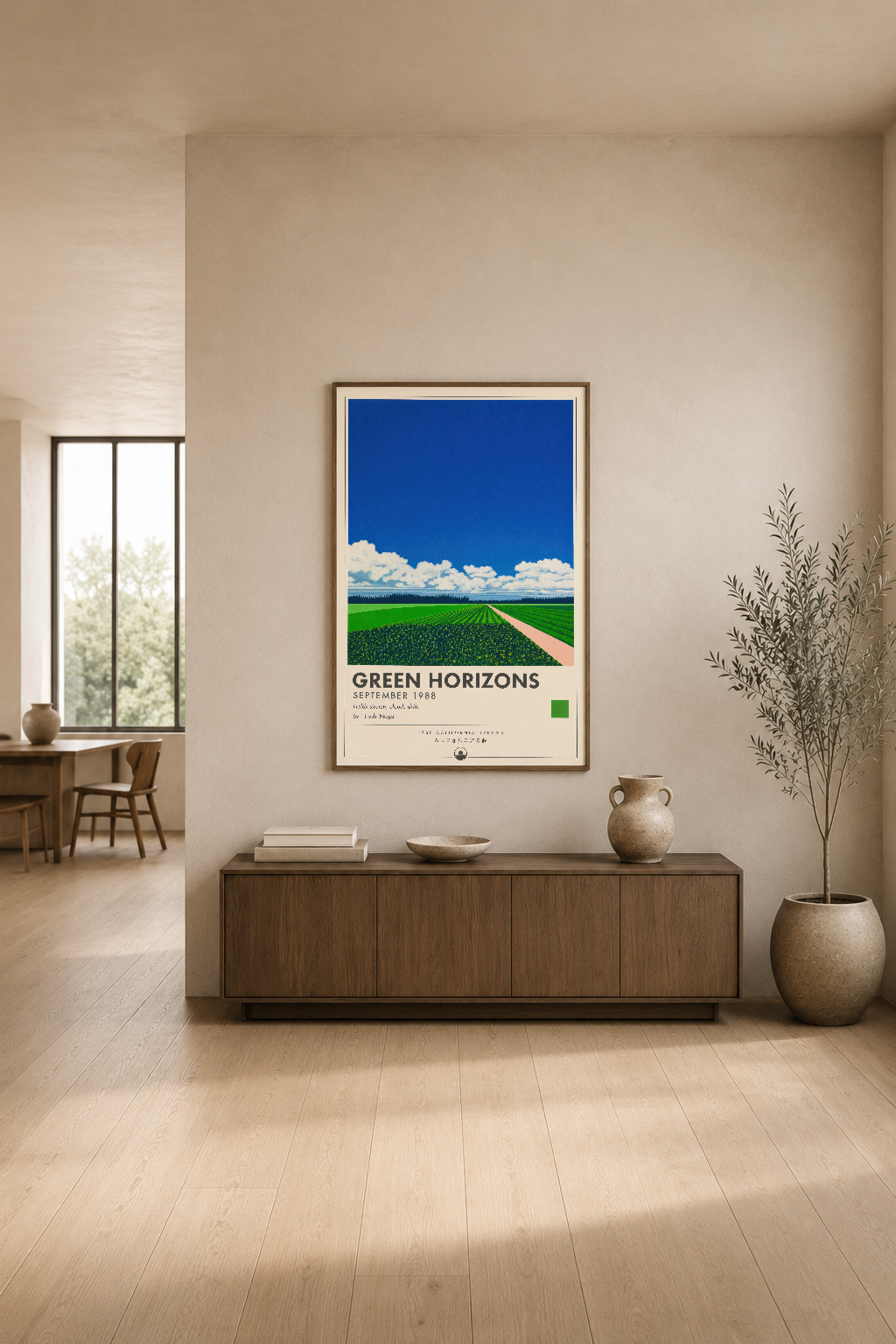 Çiftçi tarlalarının dinamik perspektifini sunan bu poster, modern oturma odasında rafinin üzerinde sergileniyor.