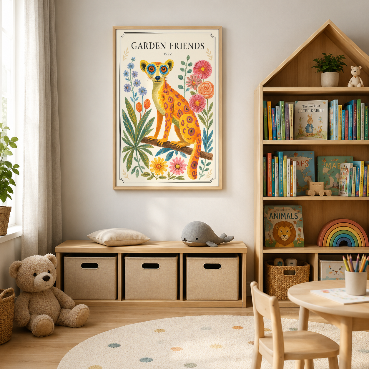 Sarı Pembe Leopar ve Çiçekler Botanik Vintage Duvar Tablosu