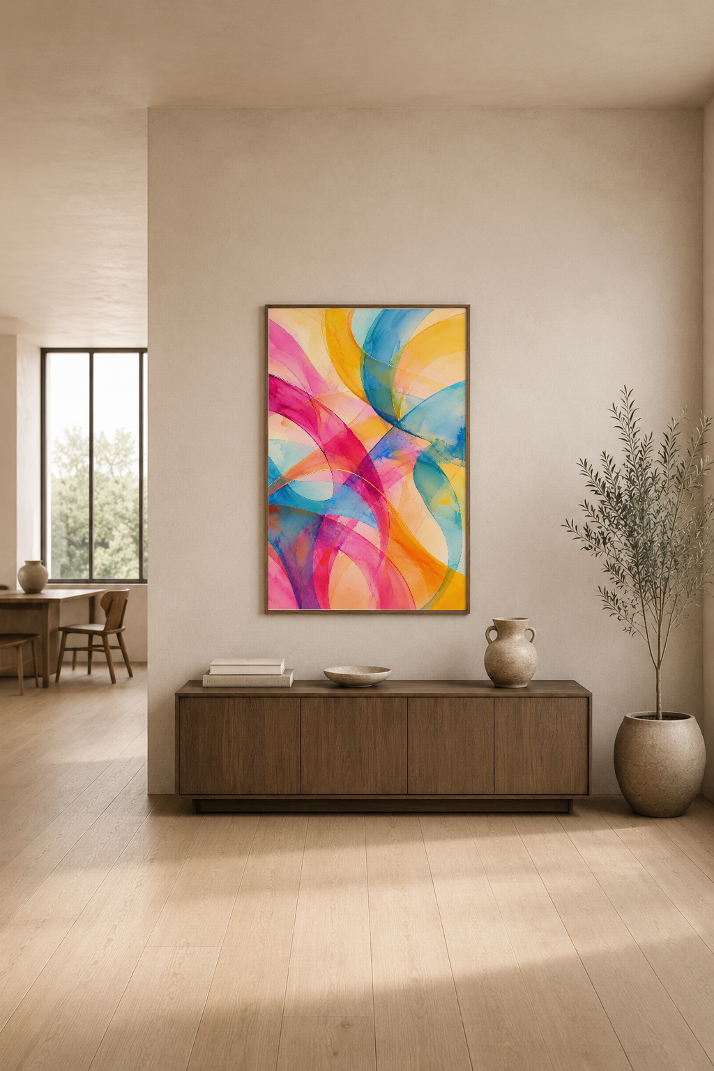 Canlı pembe, sarı ve mavi renkleri harmanlamış modern sanat tablosu, açık oturma alanında duvar dekorasyonu.