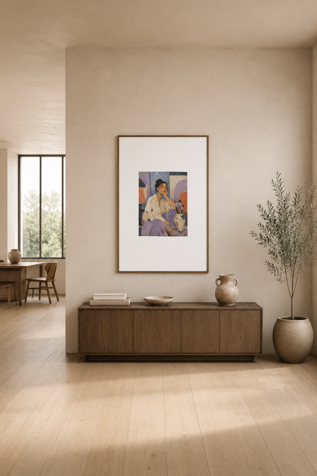 Salon duvarında asılı, renkli ressam figürü tablosu, ahşap mobilya ve doğal ışıkla dekore edilmiş iç mekanda.