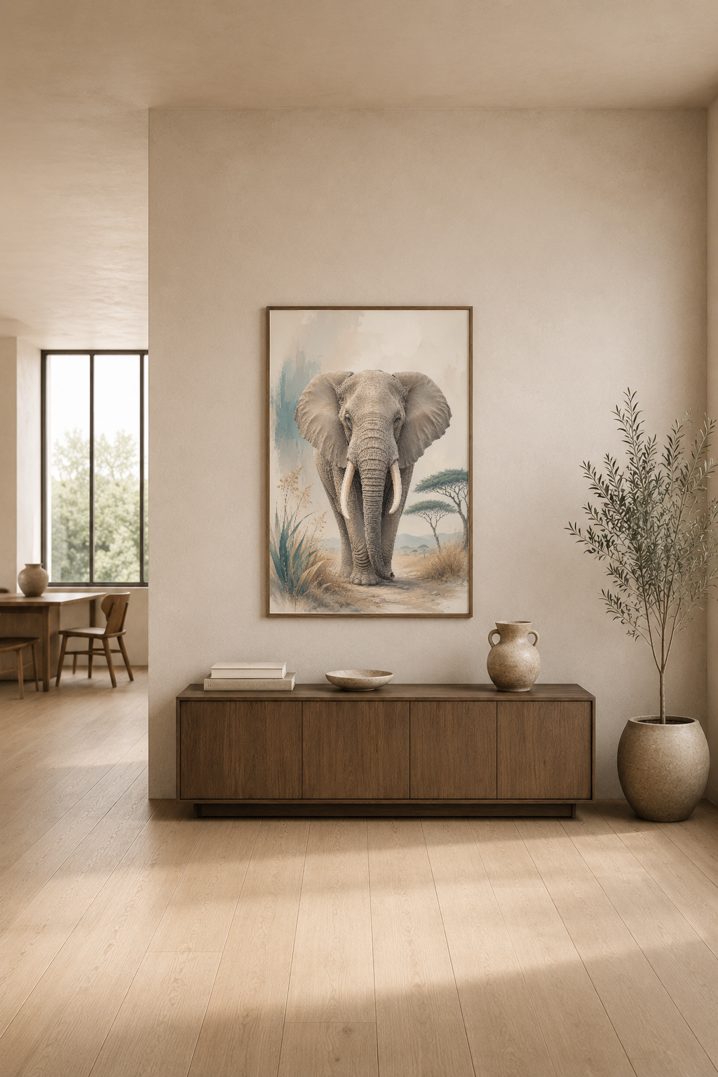 Minimalist oturma odasında, savanah temalı fil tablosu ahşap konsol üstünde asılı.