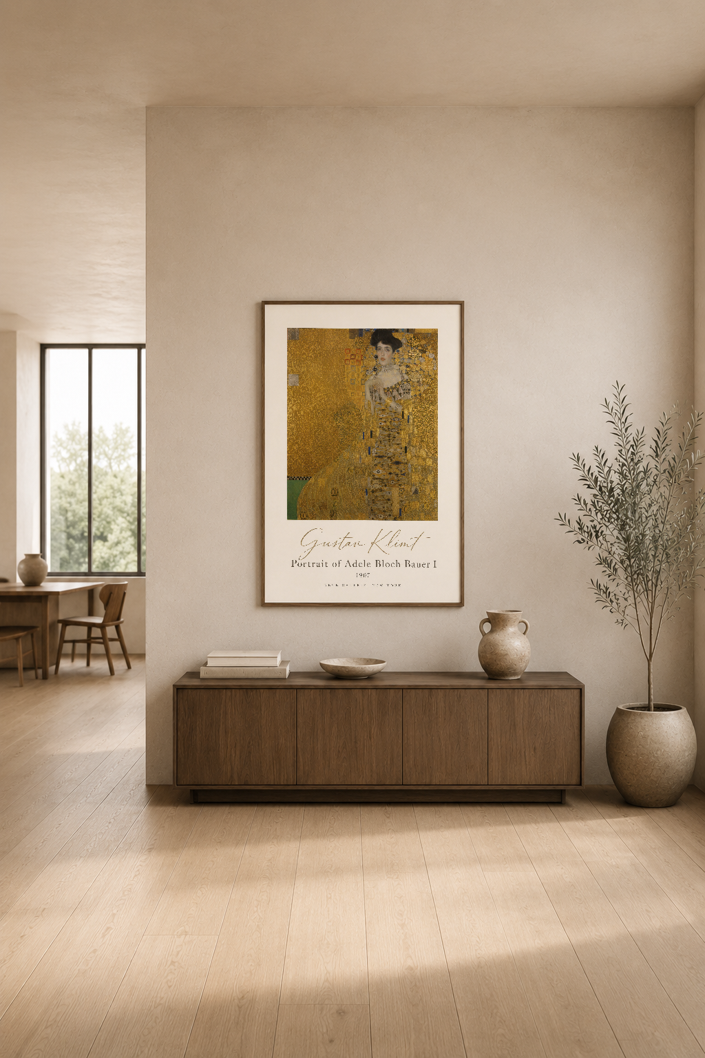 Altın yaldızlı klasik tablo, minimalist yaşam odasının duvarında sakin ve şık bir görünüm yaratıyor.