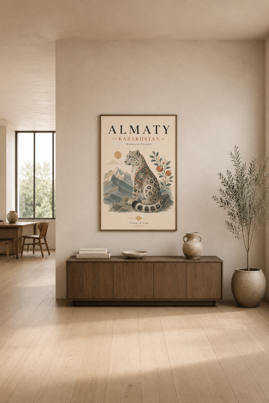 Almaty baskısı, modern oturma odasında ahşap konsol üzerinde, gözlü tasarım ve bitki motifleriyle.