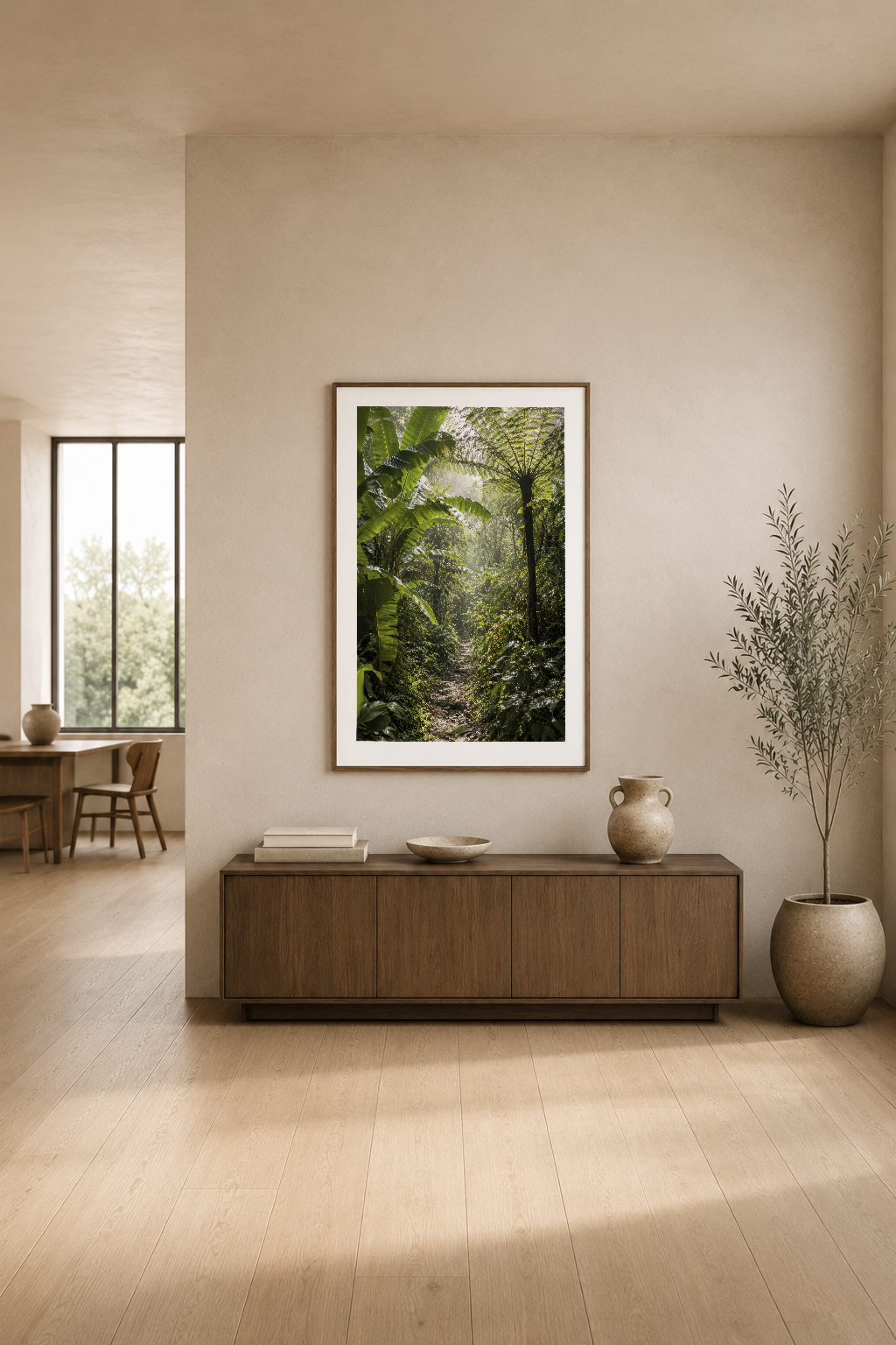 Modern oturma odasında, ahşap konsol üzerindeki yeşil orman koridoru tablosu minimalist dekorasyonla tamamlanıyor.