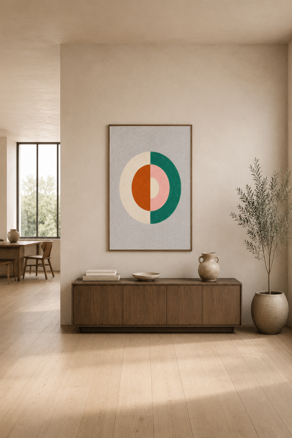 Renkli daire deseni duvar tablosu, modern oturma odasının merkezinde sakin bir görünüm.