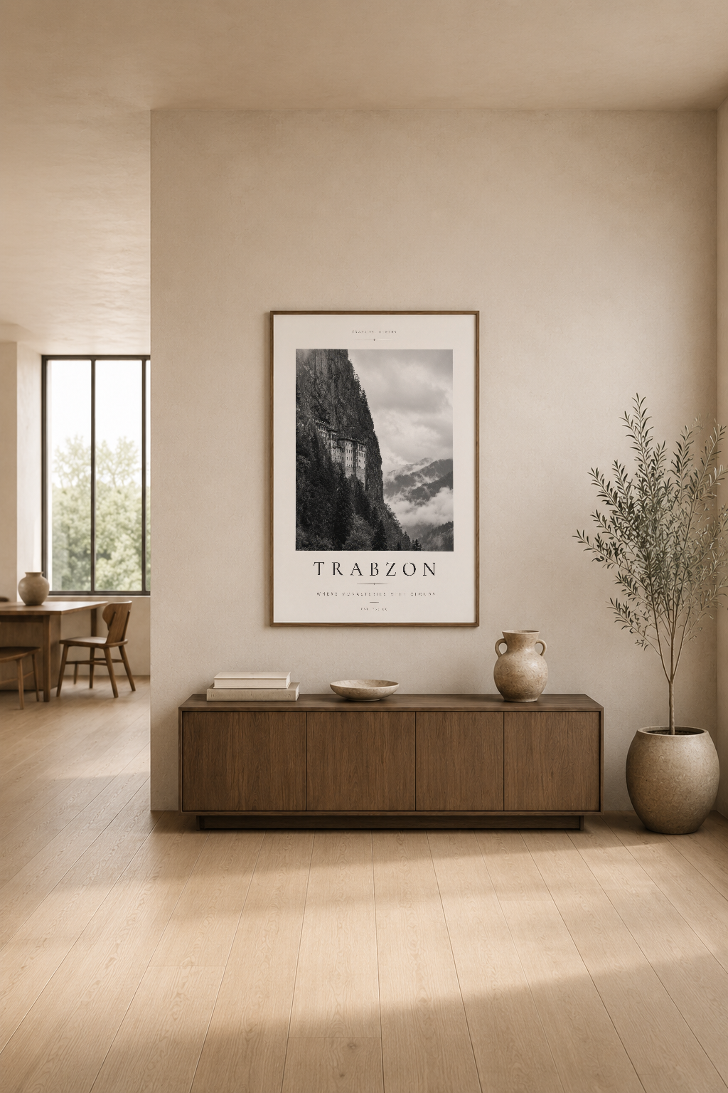 Trabzon manzarası sanat baskısı, minimalist oturma odasında ahşap mobilyenin üstünde sergileniyor.