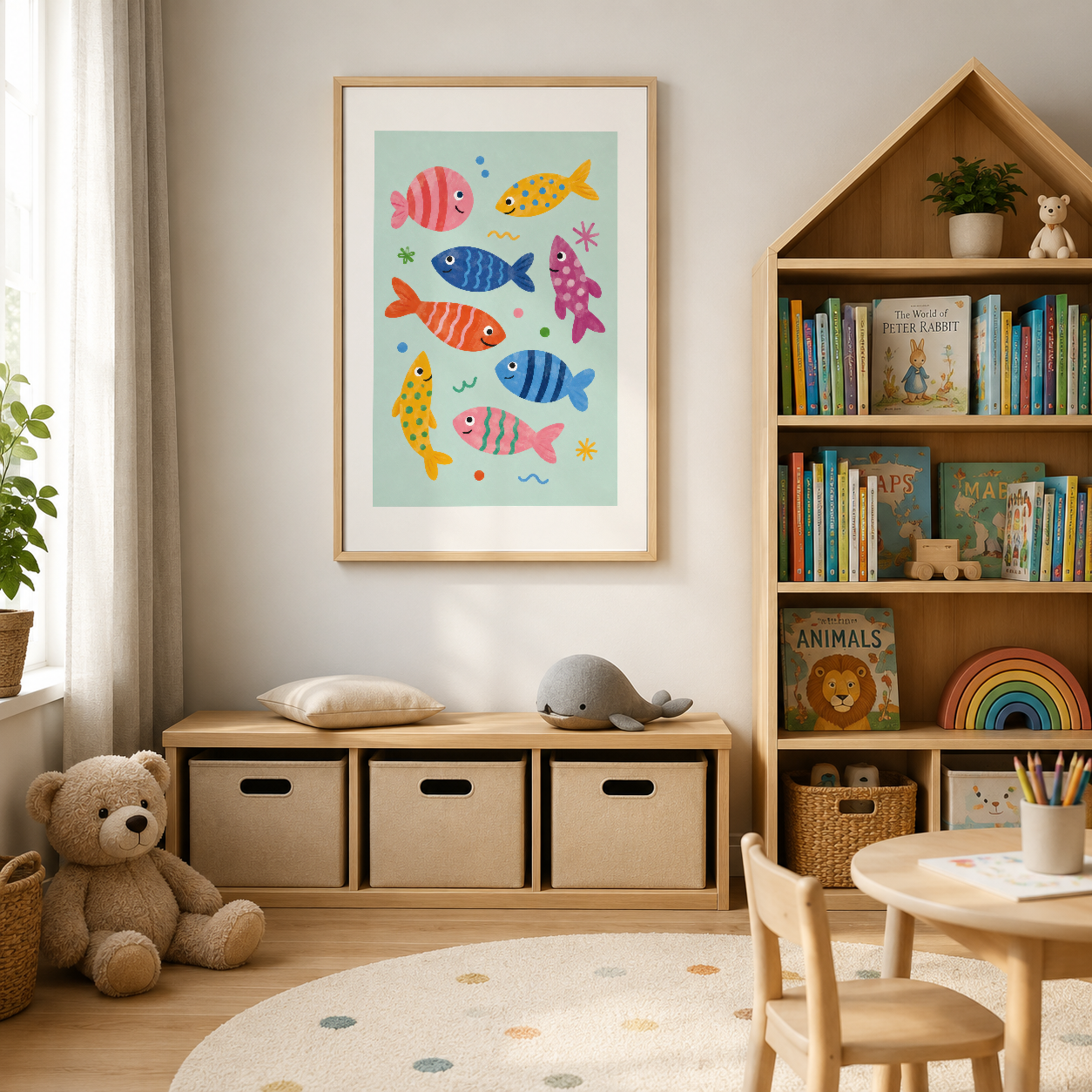 Canlı renkli balık desenleriyle süslenmiş, modern çocuk odasında duvar dekorasyonu olarak sergilenen poster.