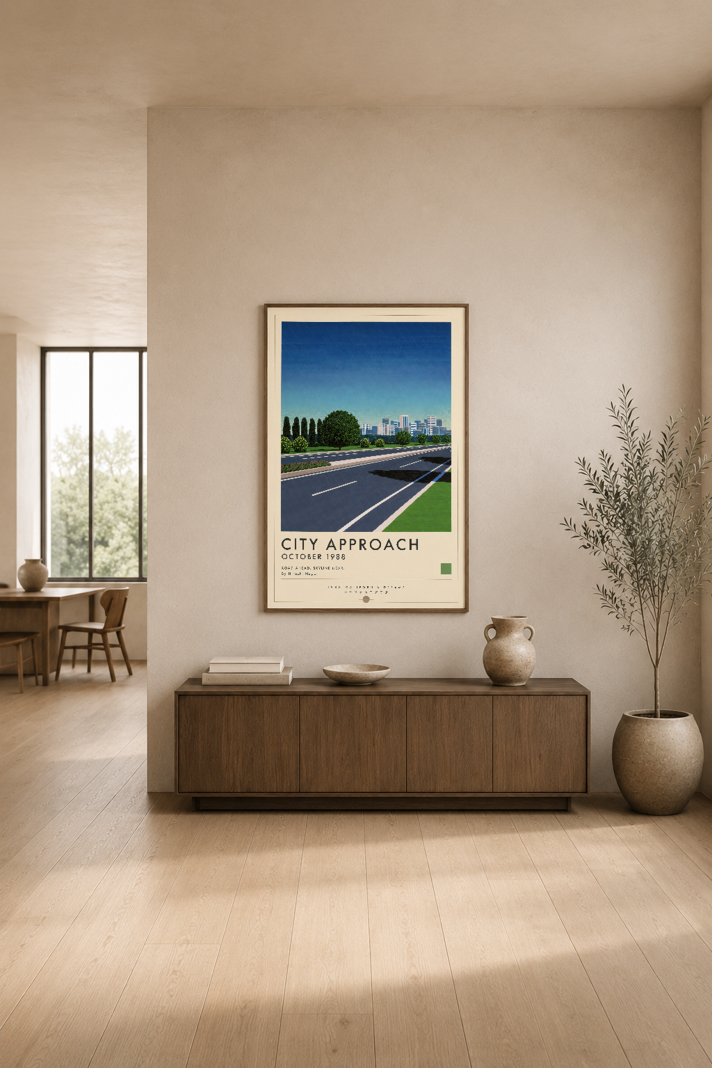 City Approach tablosu, minimalist oturma alanında ahşap mobilya ve doğal ışık arasında modern tasarımı tamamlıyor.