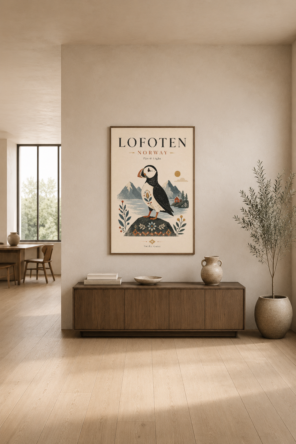 Lofoten Norveç postası, modern oturma odasında, nötr duvarında, puffin konusu ve doğal bohem stilini yansıtıyor.