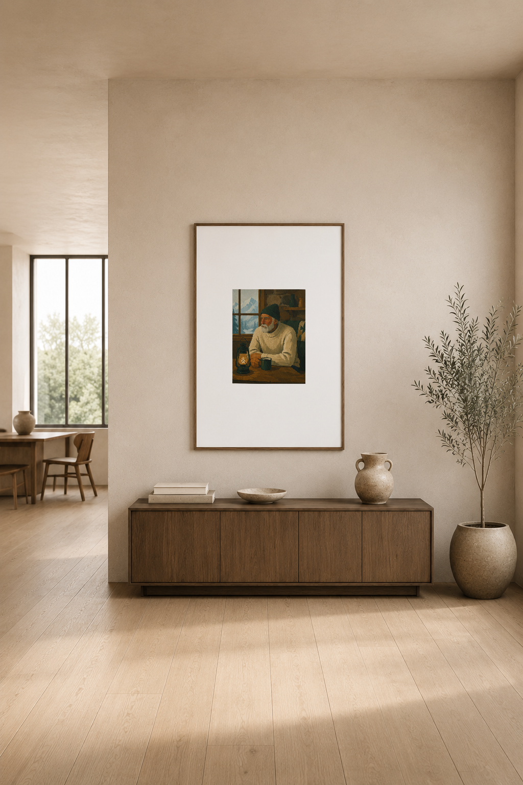 Minimalist oturma alanında nötr çerçeveli poster, ahşap mobilya ve doğal bitkilerle