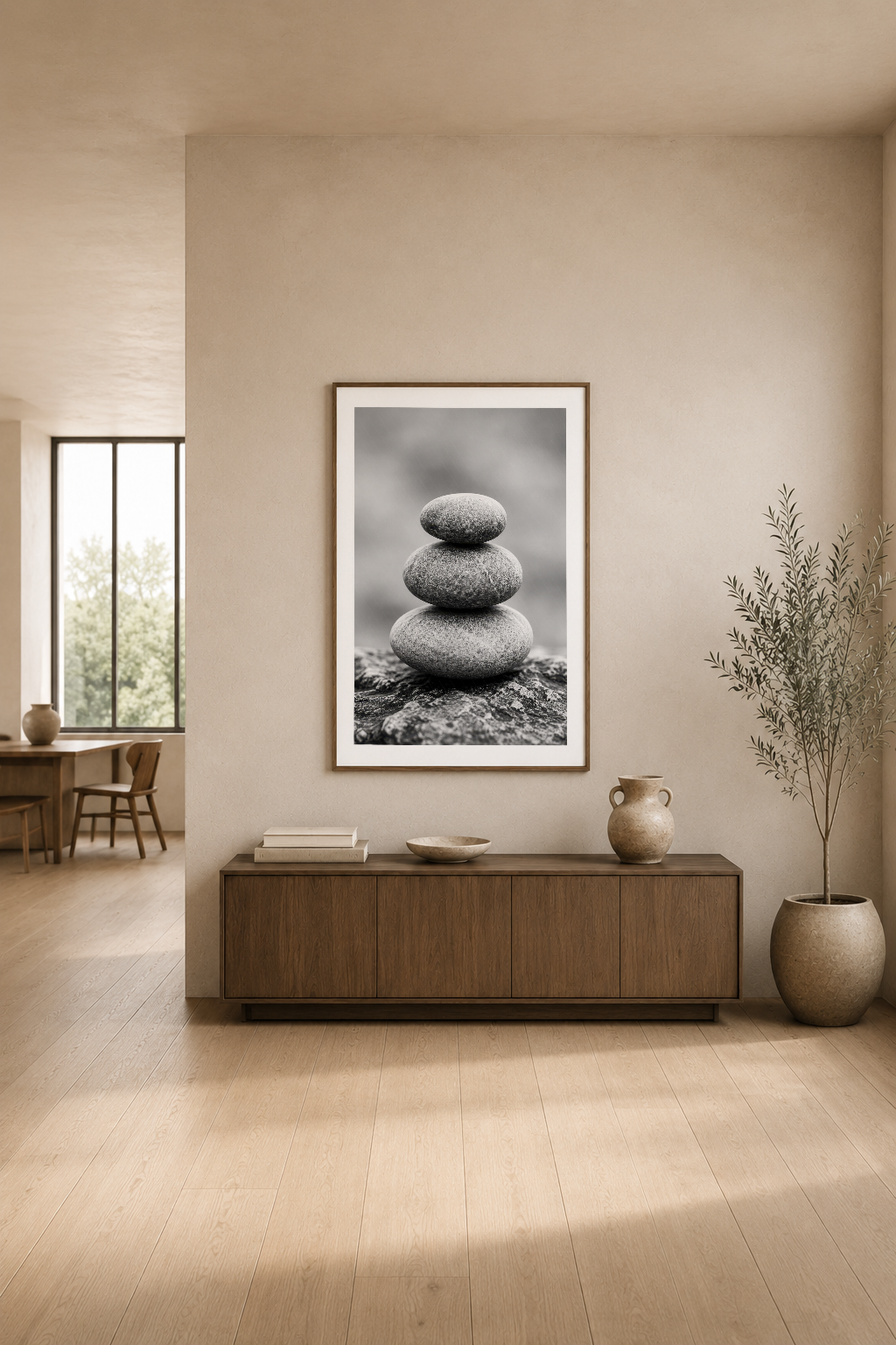 Zen ruhu yansıtan taş dengesi poster, modern oturma odasının duvarında sakin atmosfer yaratıyor.