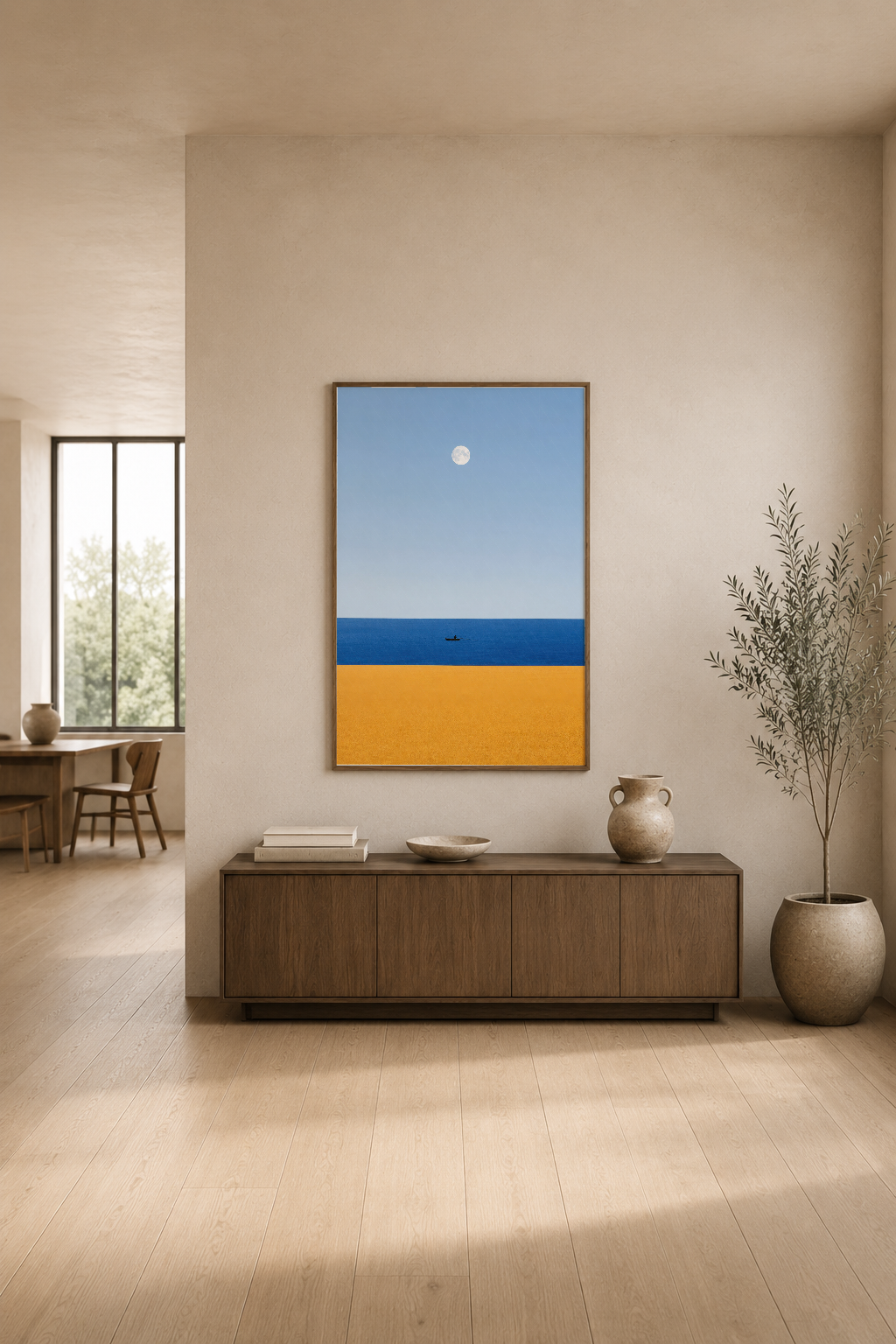 Sakin çizgi sanat tablo, mavi-sarı deniz manzarası compositionu, modern oturma alanında dekoratif konsol üzerinde.