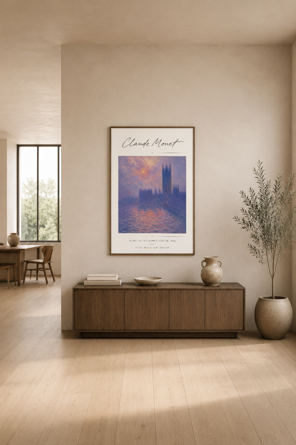 Monet'in Parlamentolar serisinden sakin bir yaşam alanında, ahşap mobilya ve doğal ışık eşliğinde duvar sanatı.