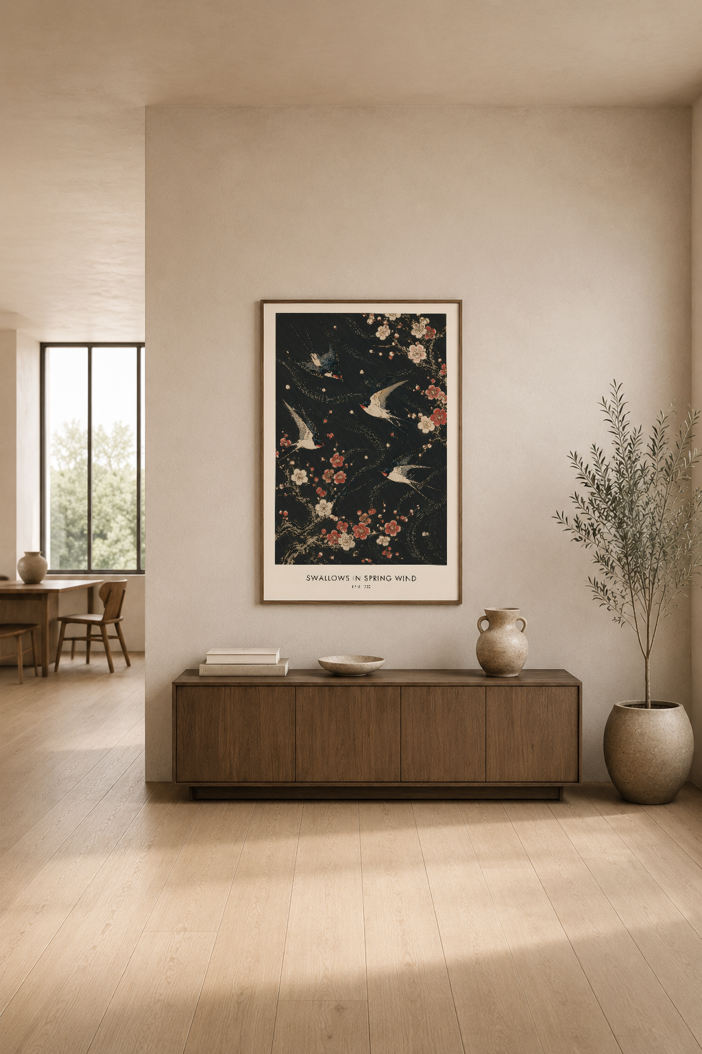 Zarif kuş motifi ve çiçek deseniyle minimal modern salon dekorasyonunda asılı tablo.