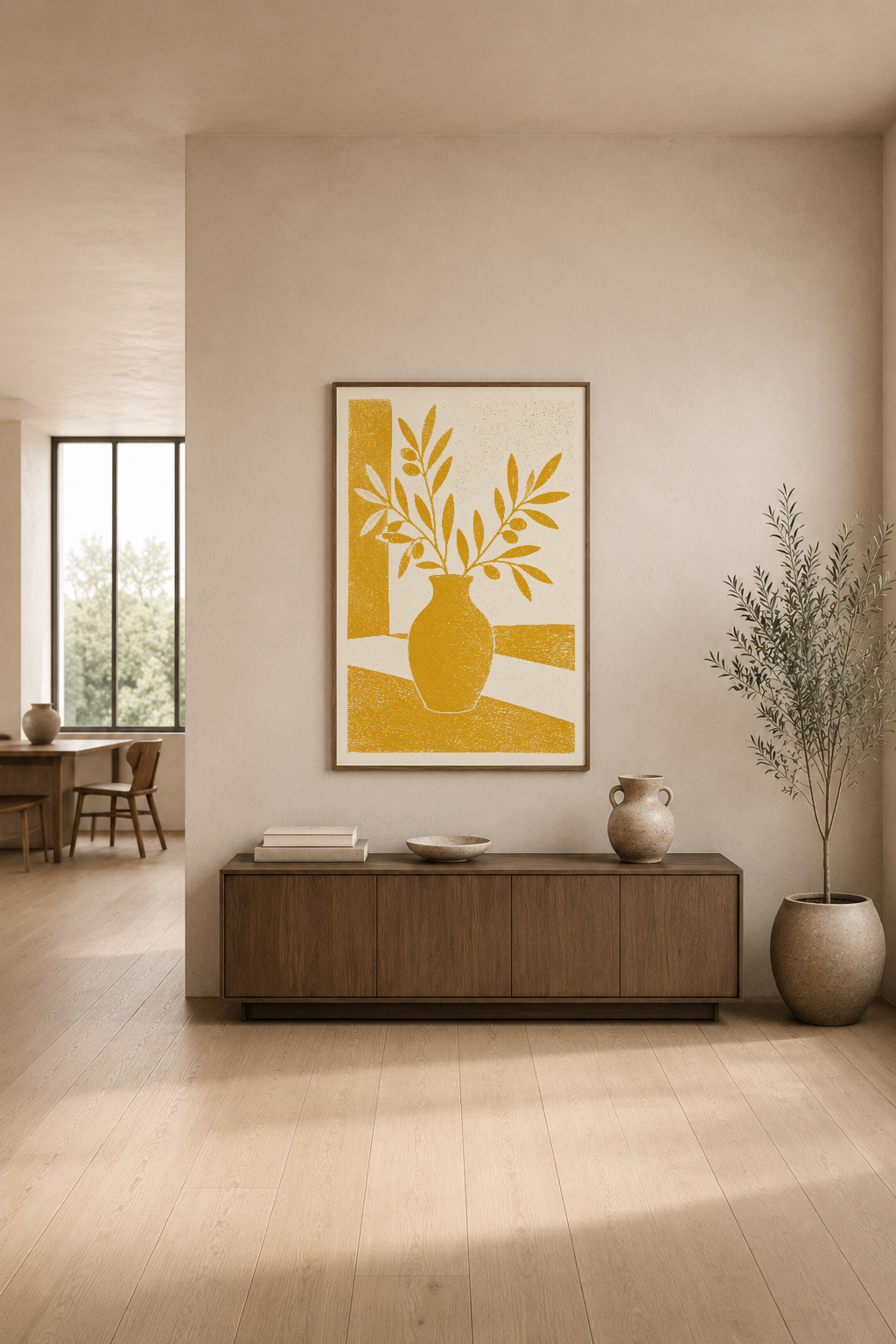 Altın sarısı botanik vazo deseni duvar tablosu, modern oturma alanında ahşap konsol ve dekorasyon üstünde.