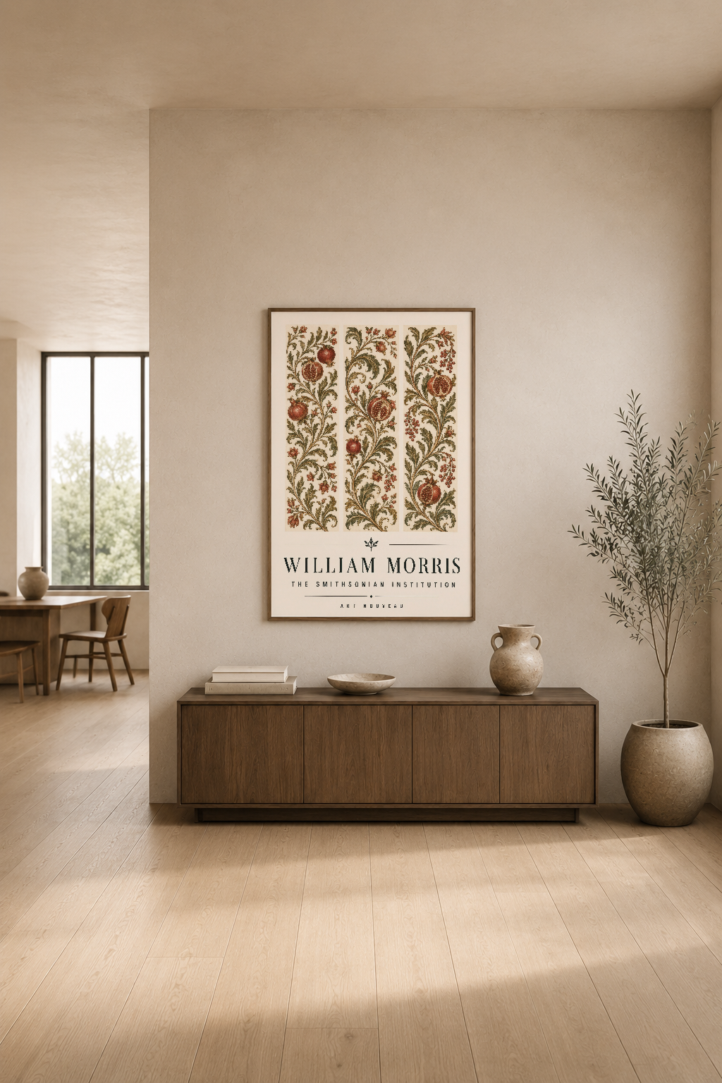 William Morris çiçek motifli poster, modern oturma odasında ahşap mobilya ve doğal ışık eşliğinde sergileniyor.
