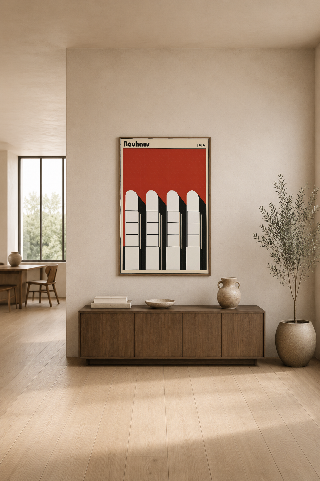 Bauhaus 1919 pencere tablosu, nötr tonlu oturma alanında konsol üstünde, kuru çiçek aranjmanı ve kitaplarla birlikte.