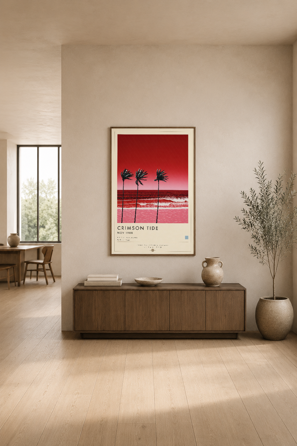 Minimalist iç tasarımda, komodin üstünde sergilenen tropikal pembe gökyüzü posteri.