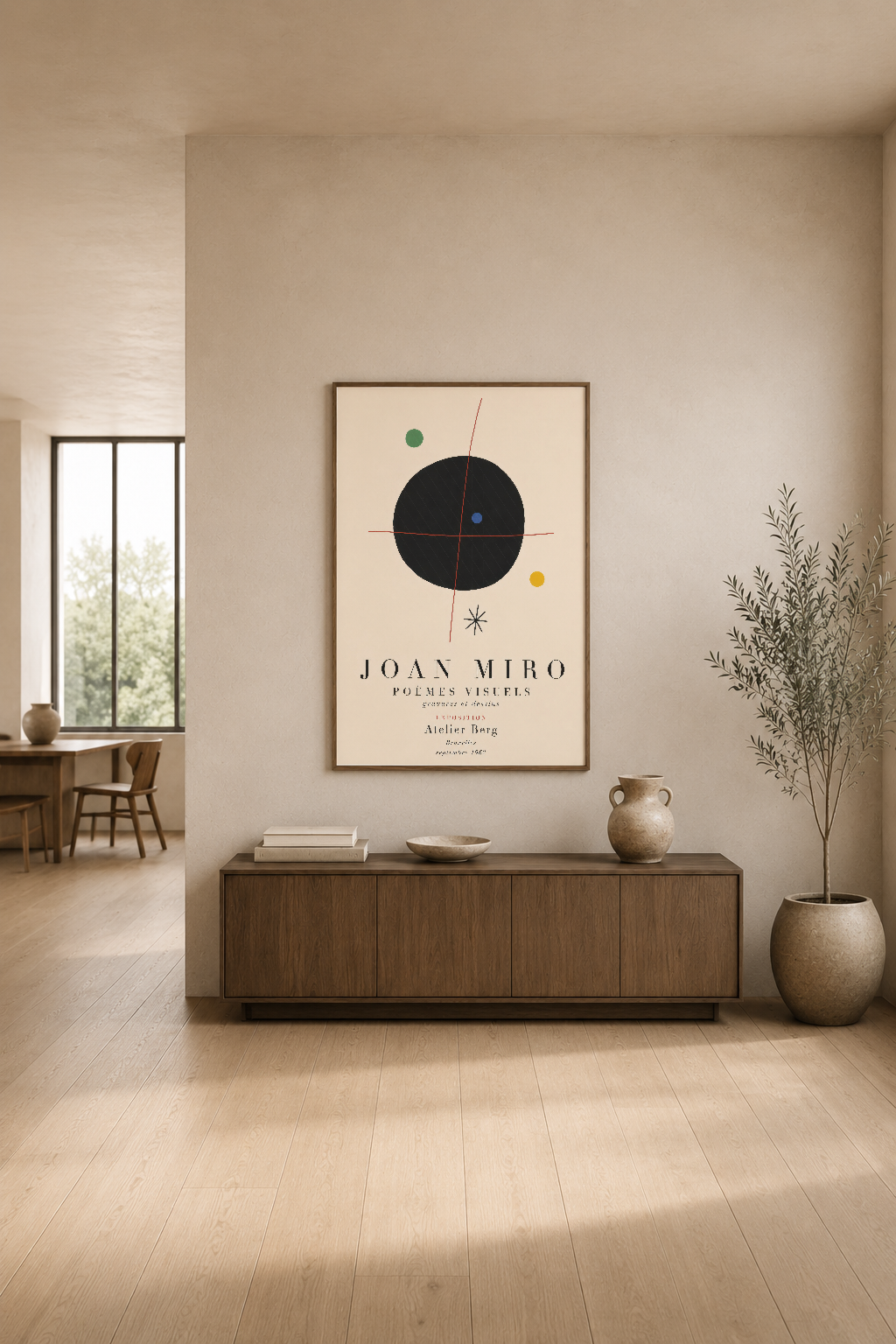Joan Miró Poemes Visuels posteri, modern oturma alanında duvarı dekoratif ve sofistike bir şekilde tamamlar.