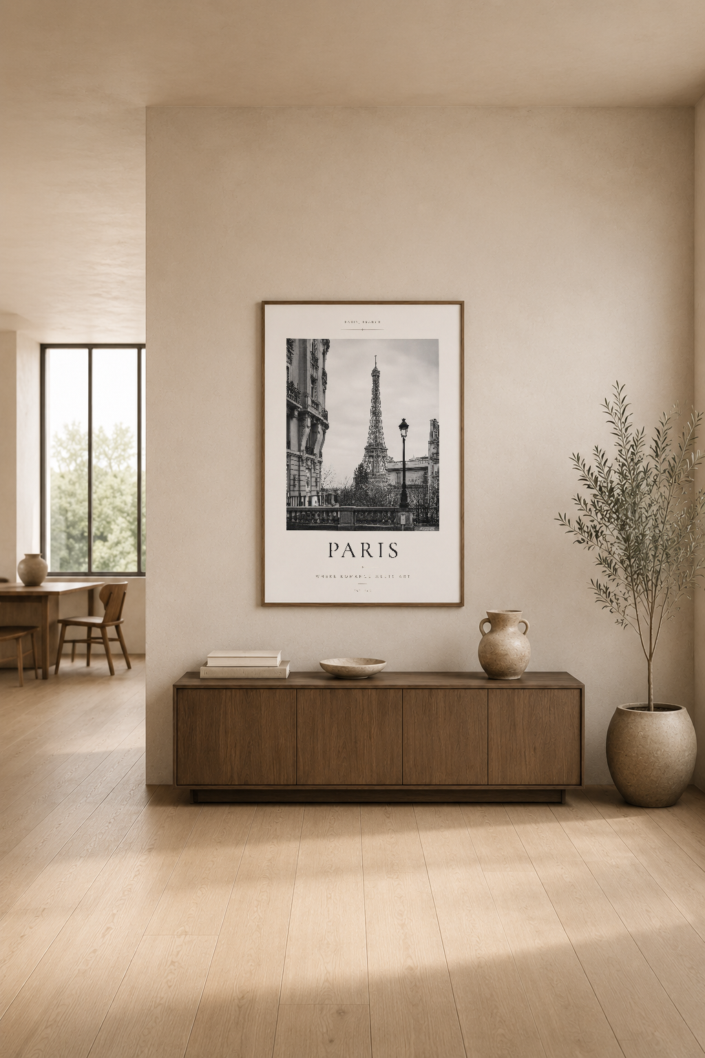 Paris Eyfel Kulesi posterinin sakin, minimalist oturma odasında ahşap mobilya üstünde yer aldığı dekoratif görünümü.