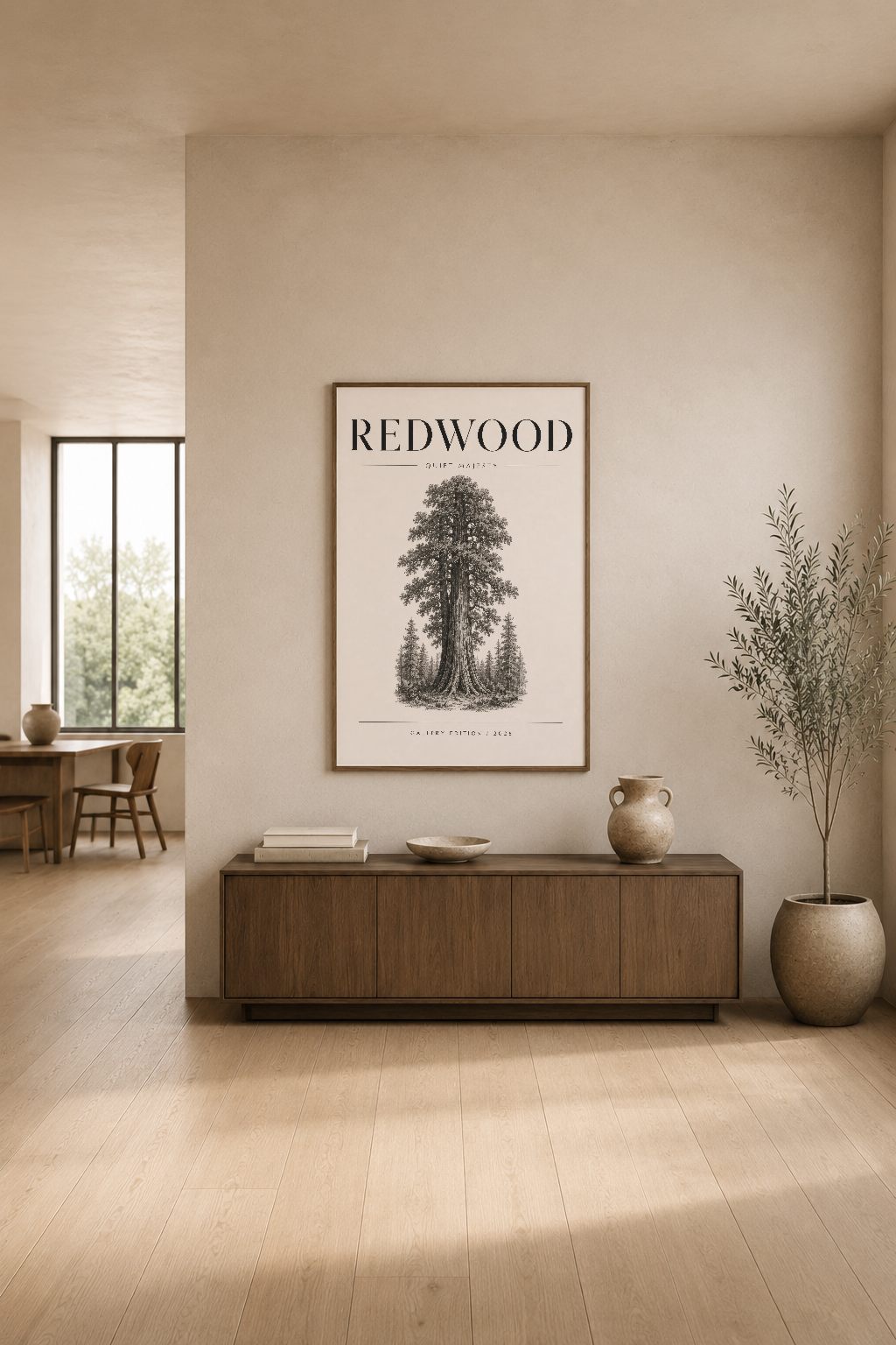 Modern oturma odasında, ahşap konsol üstünde sergilenen Kızılağaç ağacı sanat baskısı, minimalist estetik.