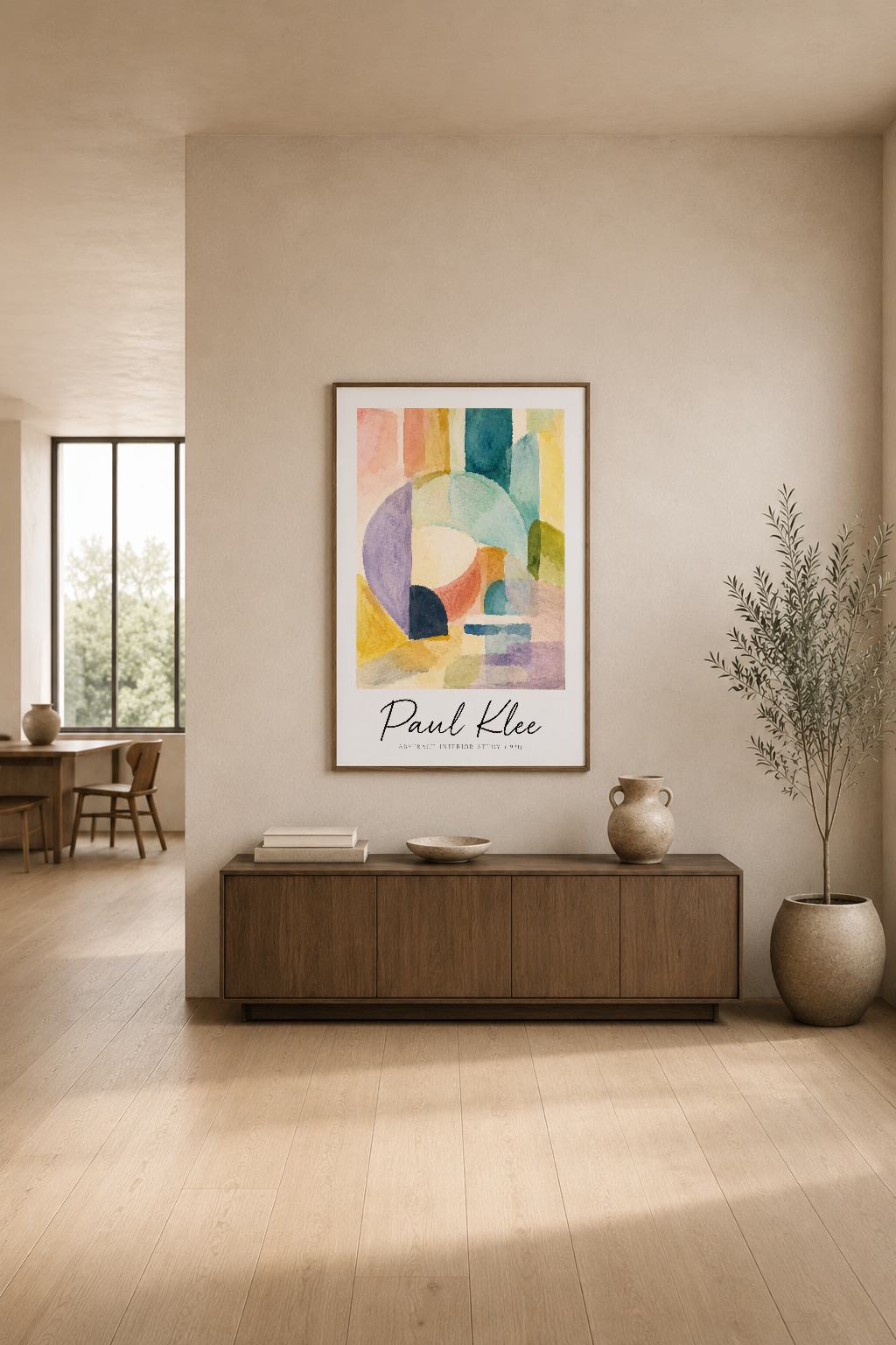 Pastel tonlarında geometrik şekillerin uyumlu tasarımı, modern yaşam odasında zarif bir dekorasyon parçası.