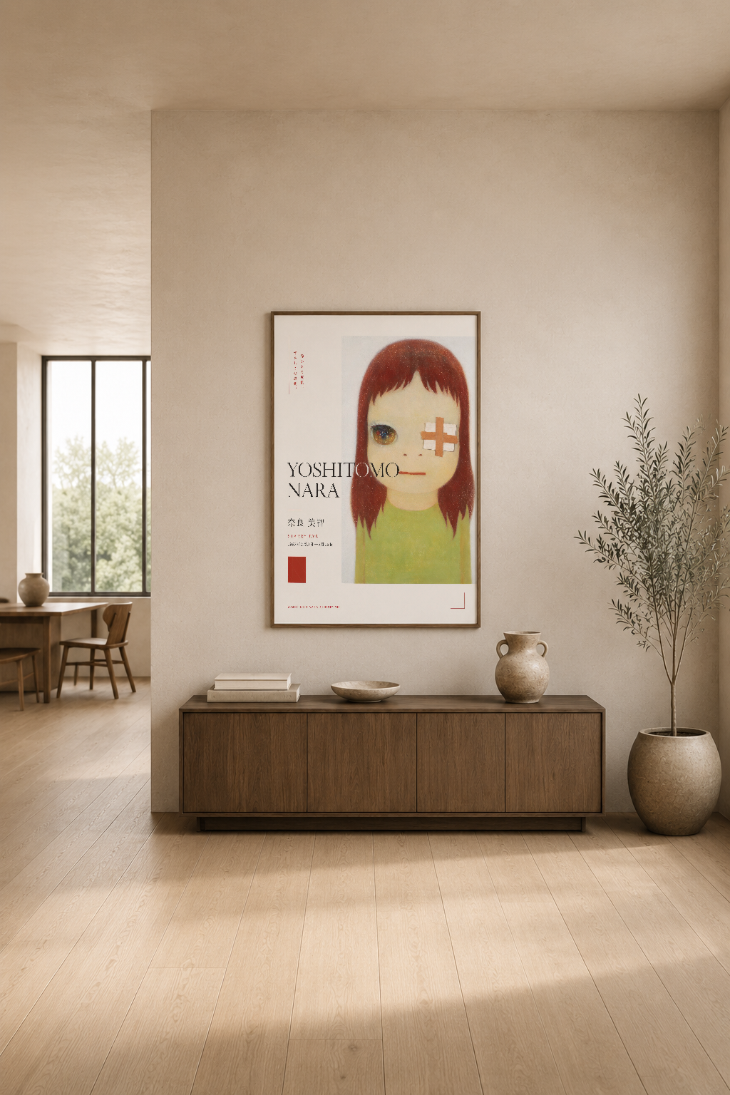 Yeşil tonlu portre tasarımlı modern duvar sanat eseri, şık oturma odasının konsol üstünde sergileniyor.