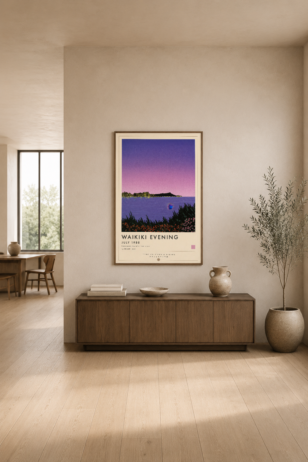 Waikiki Evening posteri, minimalist oturma odasında komod üzerinde sergilenerek sakin akşam atmosferi yaratıyor.