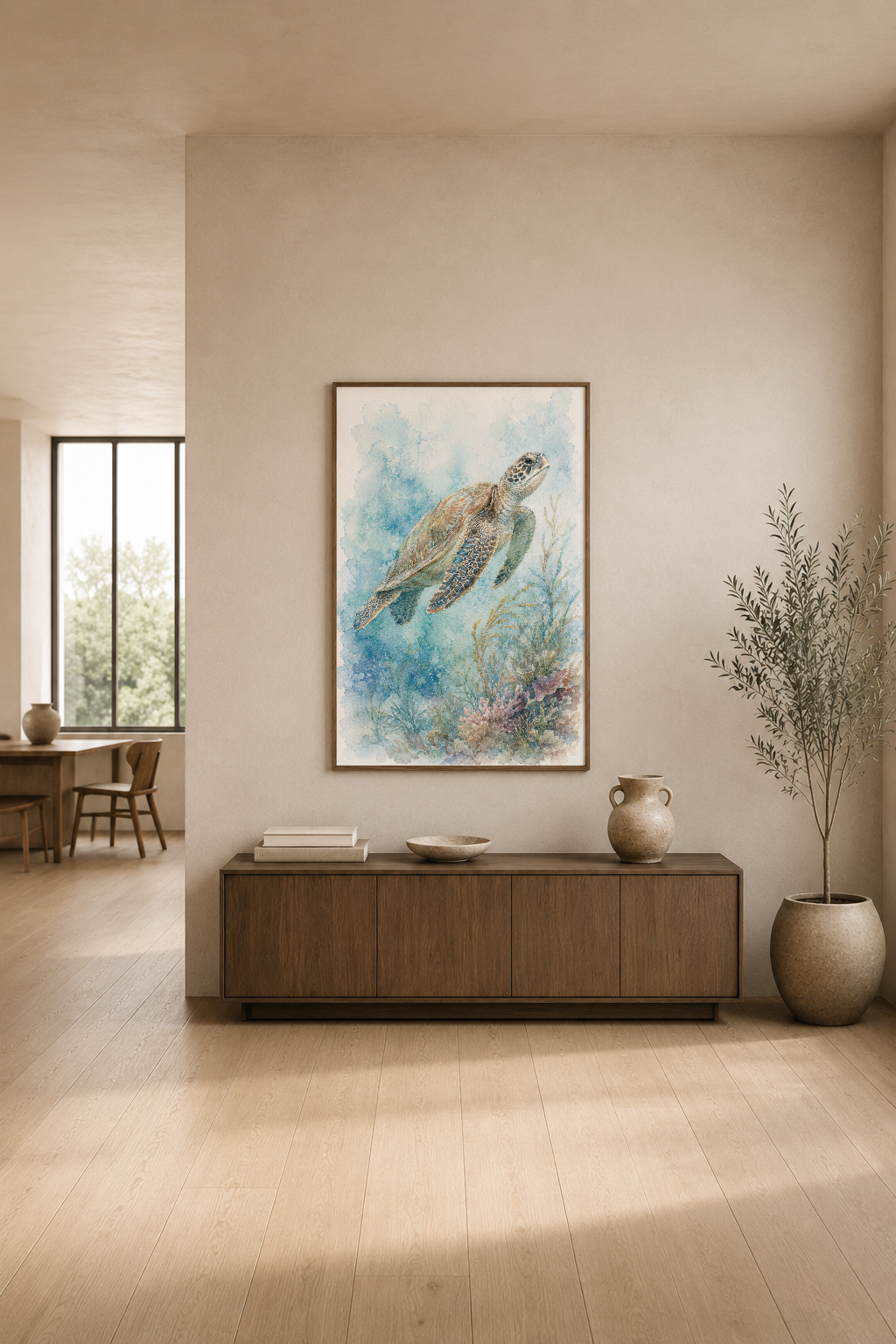 Sualtı temasında kaplumbağa posteri, modern oturma odasında konsol üstünde, kuş çiçeğinin yanında.