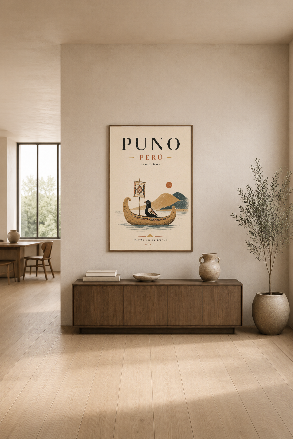 Puno Peru posteri, modern iç tasarımda ahşap konsol üstünde, Titicaca Gölü kültürünü yansıtan minimalist dekorasyon