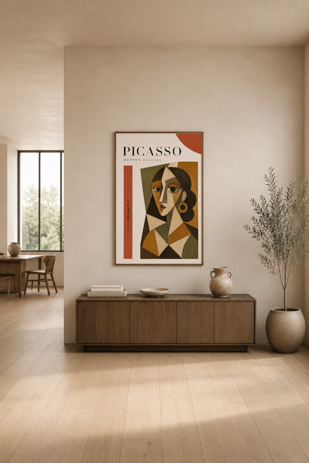 Minimalist oturma odasında, ahşap şifonyer üzerinde sergilenen soyut Picasso portre tablosu.
