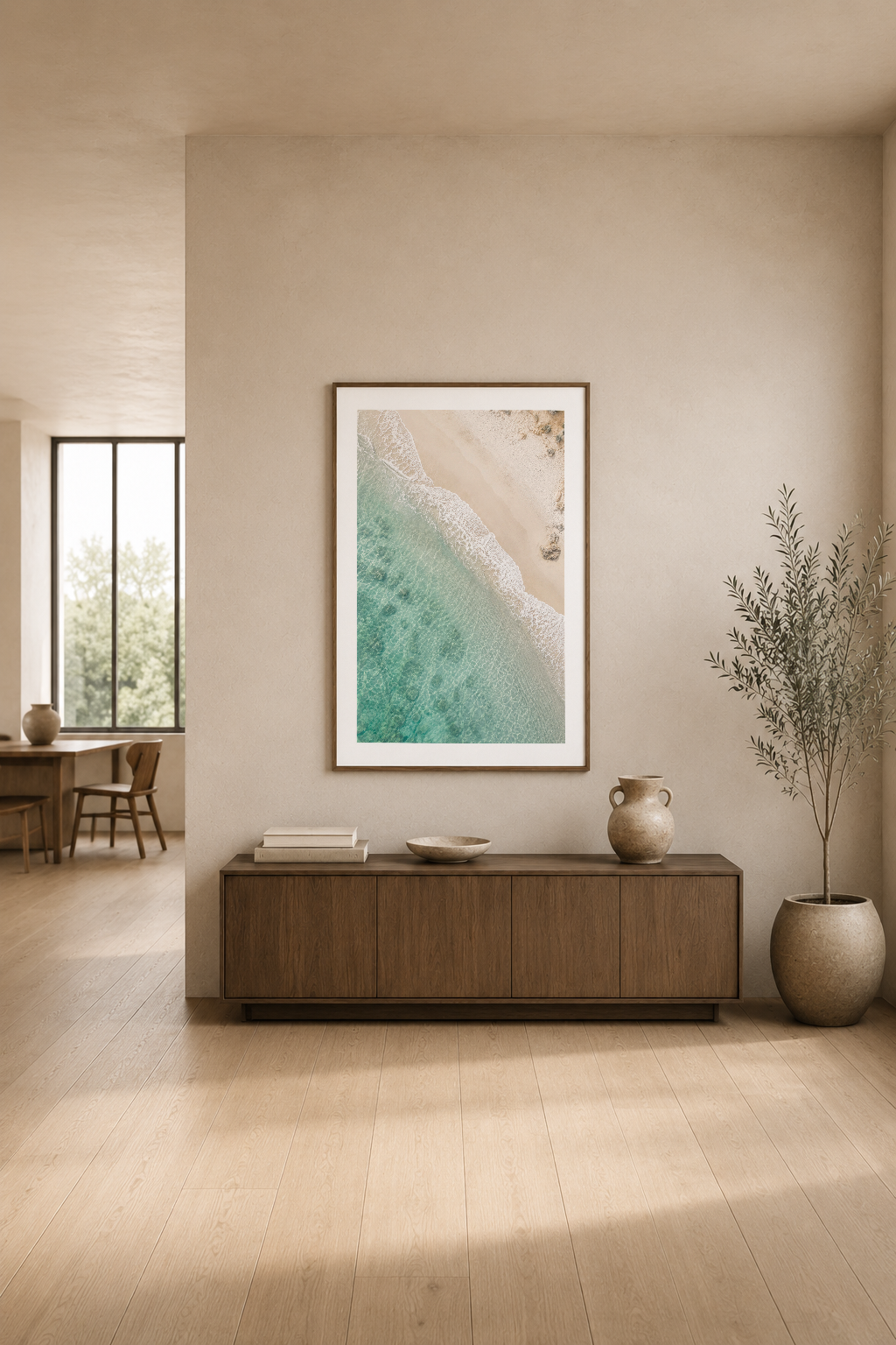 Turkuaz deniz dalgaları ve bej kumsal, sade tasarım ve minimalist dekorasyonla uyumlu tablosu.