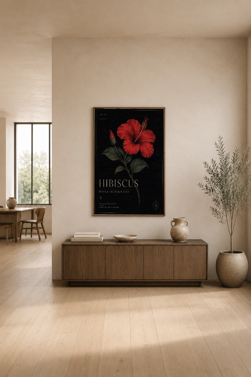Kırmızı hibiskus deseni taşıyan şık poster, modern salon dekorasyonunda ahşap mobilya yanında doğal ışıkla.