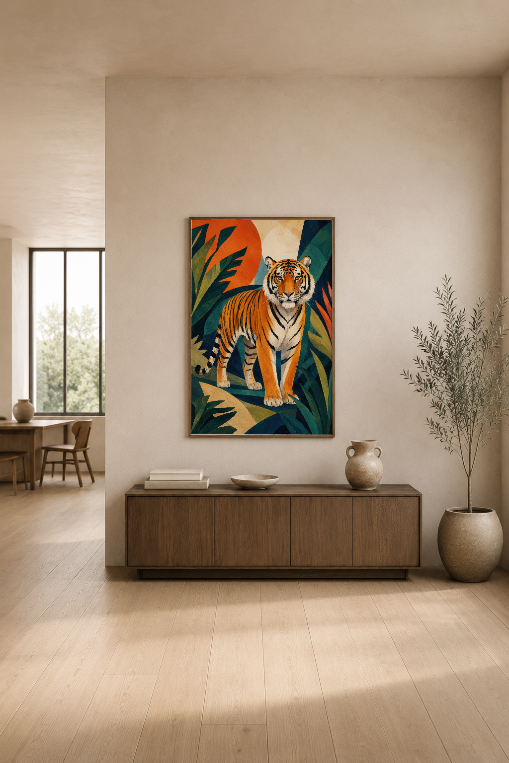 Canlı renkleriyle kaplan tablosu, minimalist oturma odasının duvarında dekoratif parça olarak.