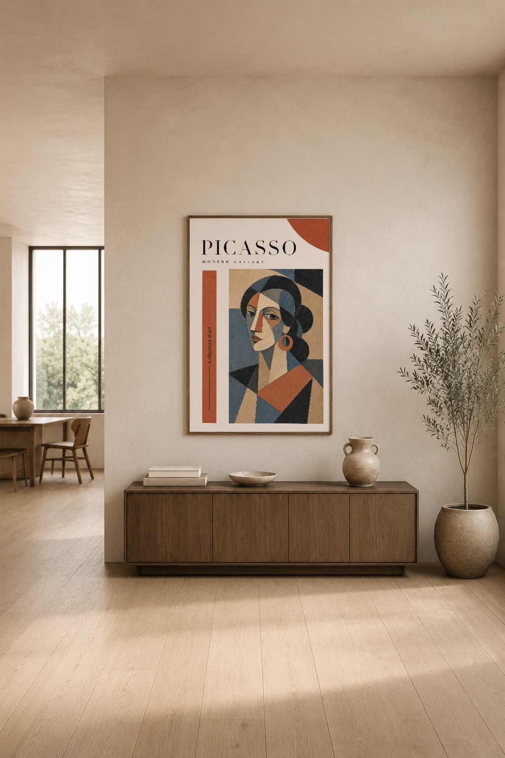 Picasso sanat posteri, geometrik stil kadın figürü; minimalist oturma odasında konsol üstünde.