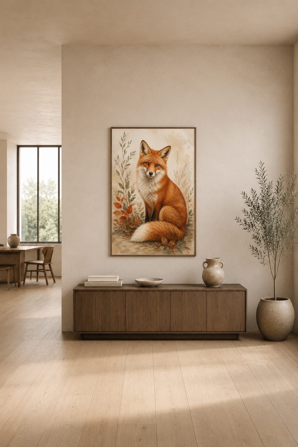 Nötr dekorlu oturma alanında, soft renk paletinde doğal çiçekler arasında duran tilki sanat tablosu.