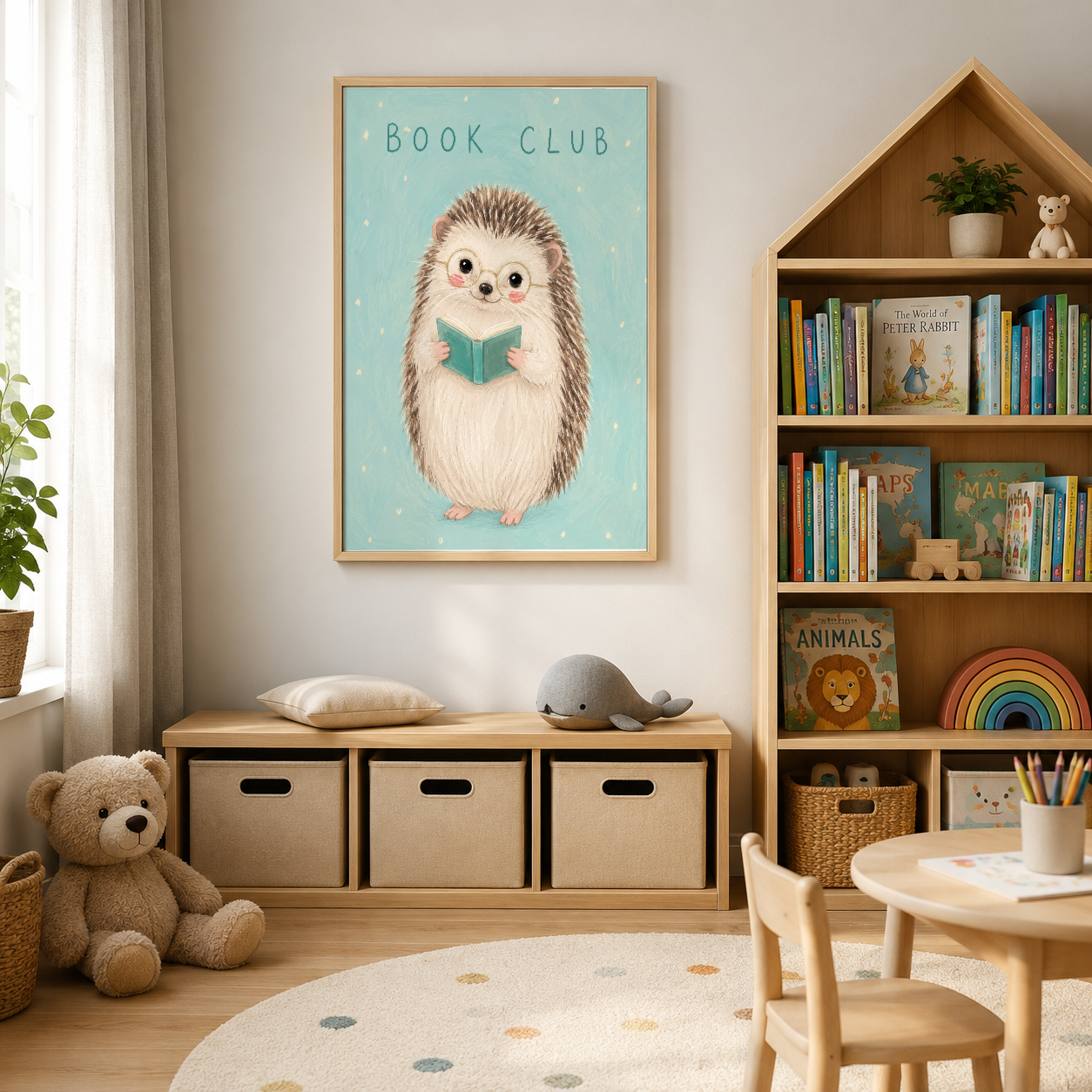 Yeşil kitap okuyan kirpi figürünün bulunduğu, çocuk odası için ideal sanat baskısı poster.
