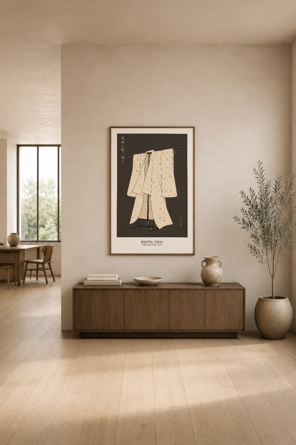 Kimono sanat tablosu, ahşap mobilya ve doğal ışıkla çevrili modern oturma alanında sergilenmekte.