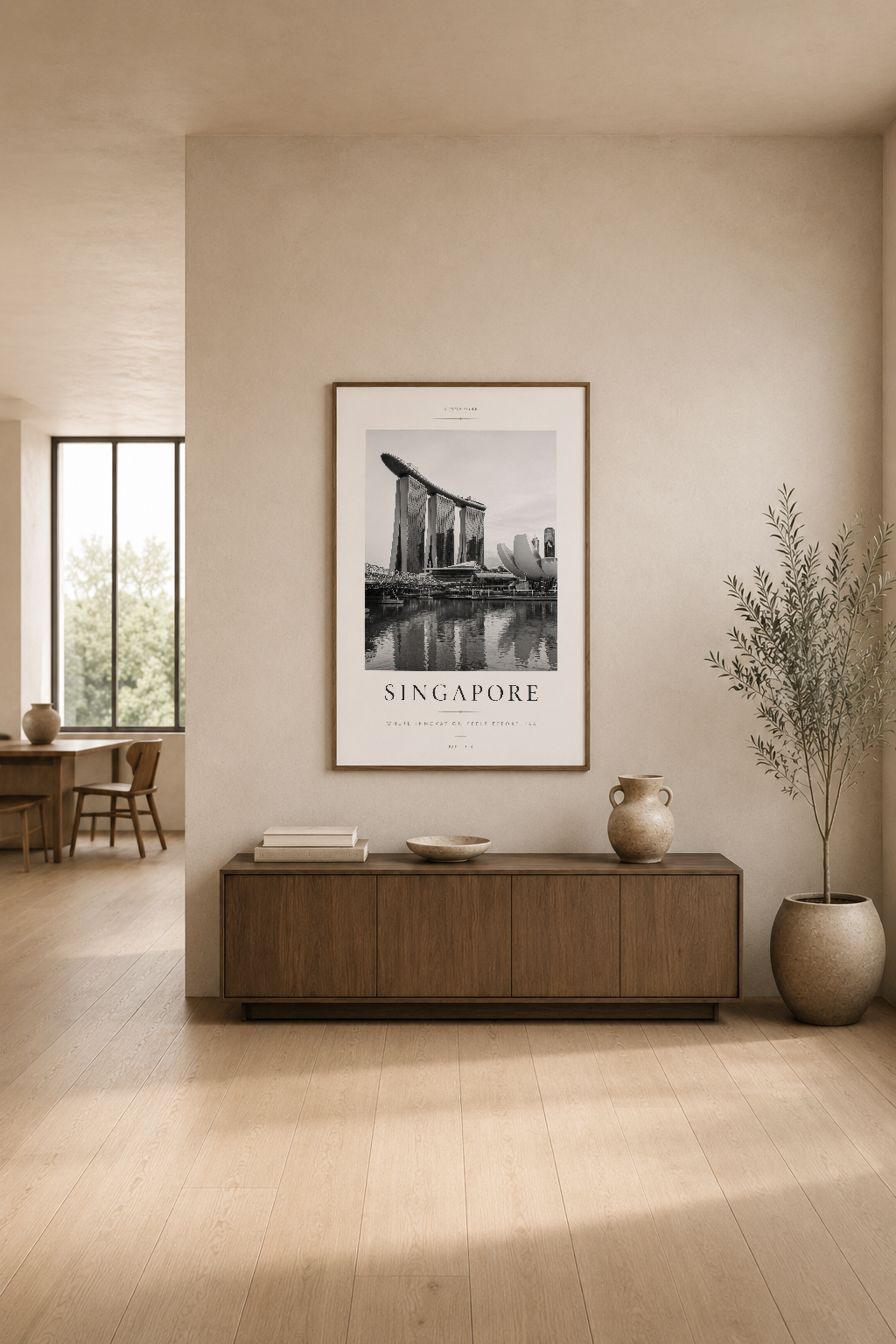 Modern oturma alanında, ahşap konsol üstünde Singapore şehir manzarası poster dekorasyonu.