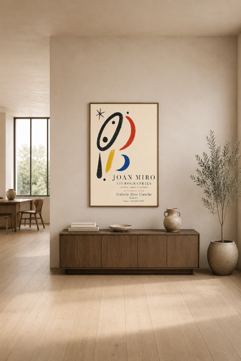 Joan Miro Lithographies duvar sanatı, modern ahşap komödinin üstünde minimalist iç dekorasyon ortamında.