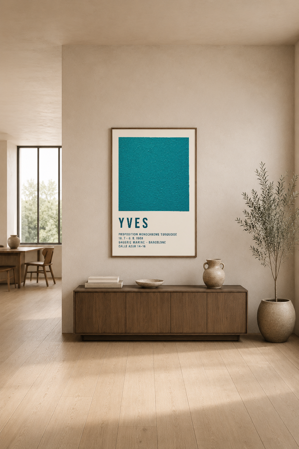 Modern oturma odasında, ahşap konsol üstünde sergilenen Yves monokrom türkuaz poster dekoratif uyumla.