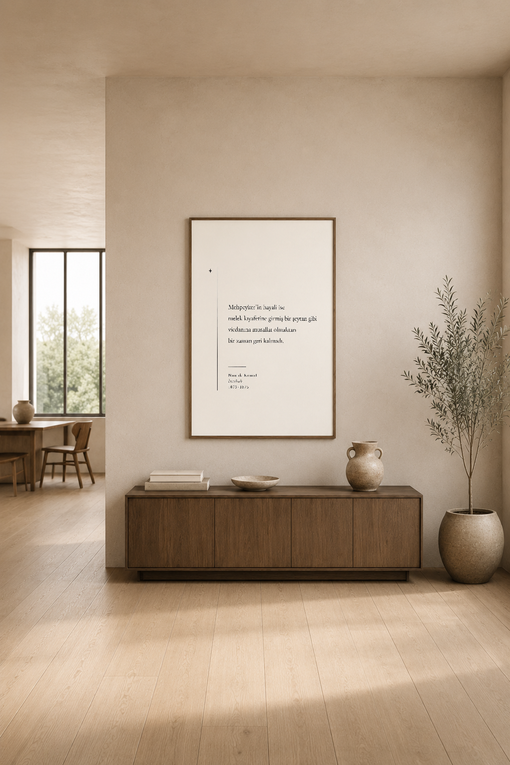 Şık oturma alanında ahşap konsol üstünde sergilenen, şiirsel Türkçe metin içerikli modern poster.