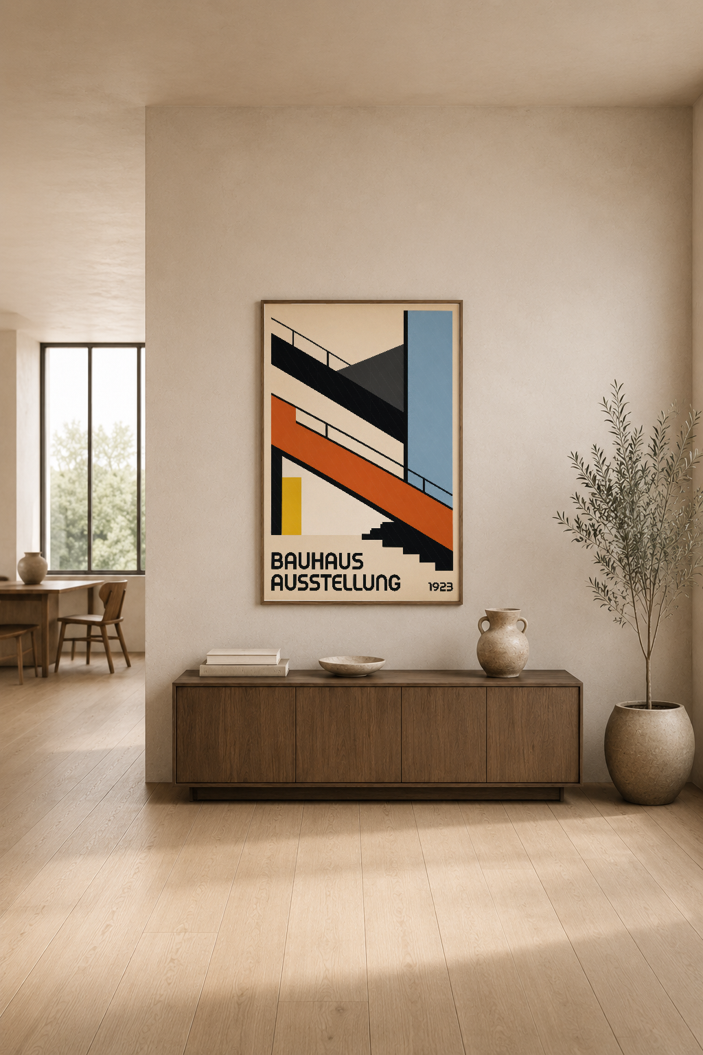 Bauhaus Ausstellung 1923 posteri, dinamik çizgili tasarım, minimalist oturma alanında ahşap mobilya üstünde.