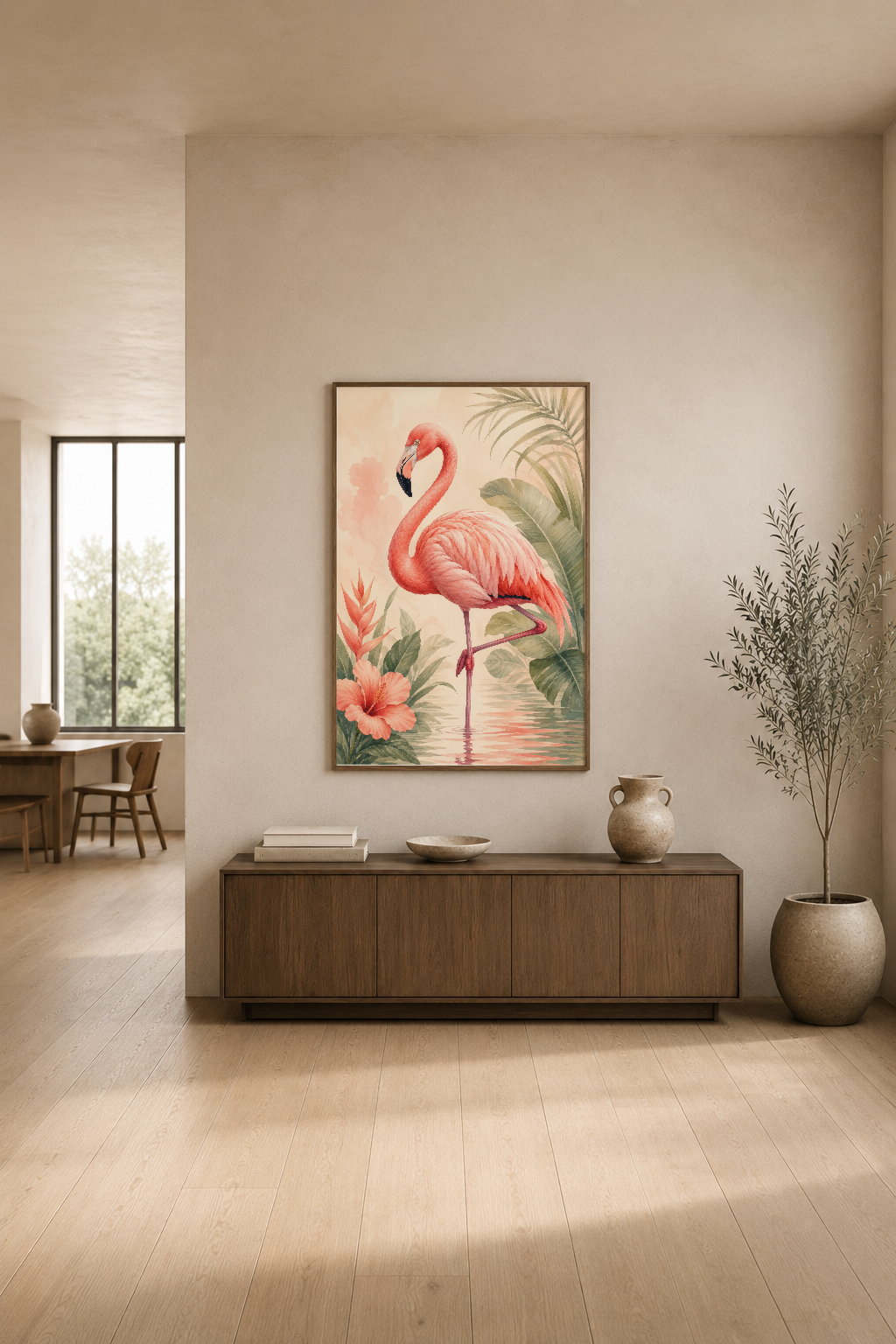 Minimalist oturma odasında, su yansımalı flamingo ilustrasyonu duvar tablosu zarif bir dekorasyon.