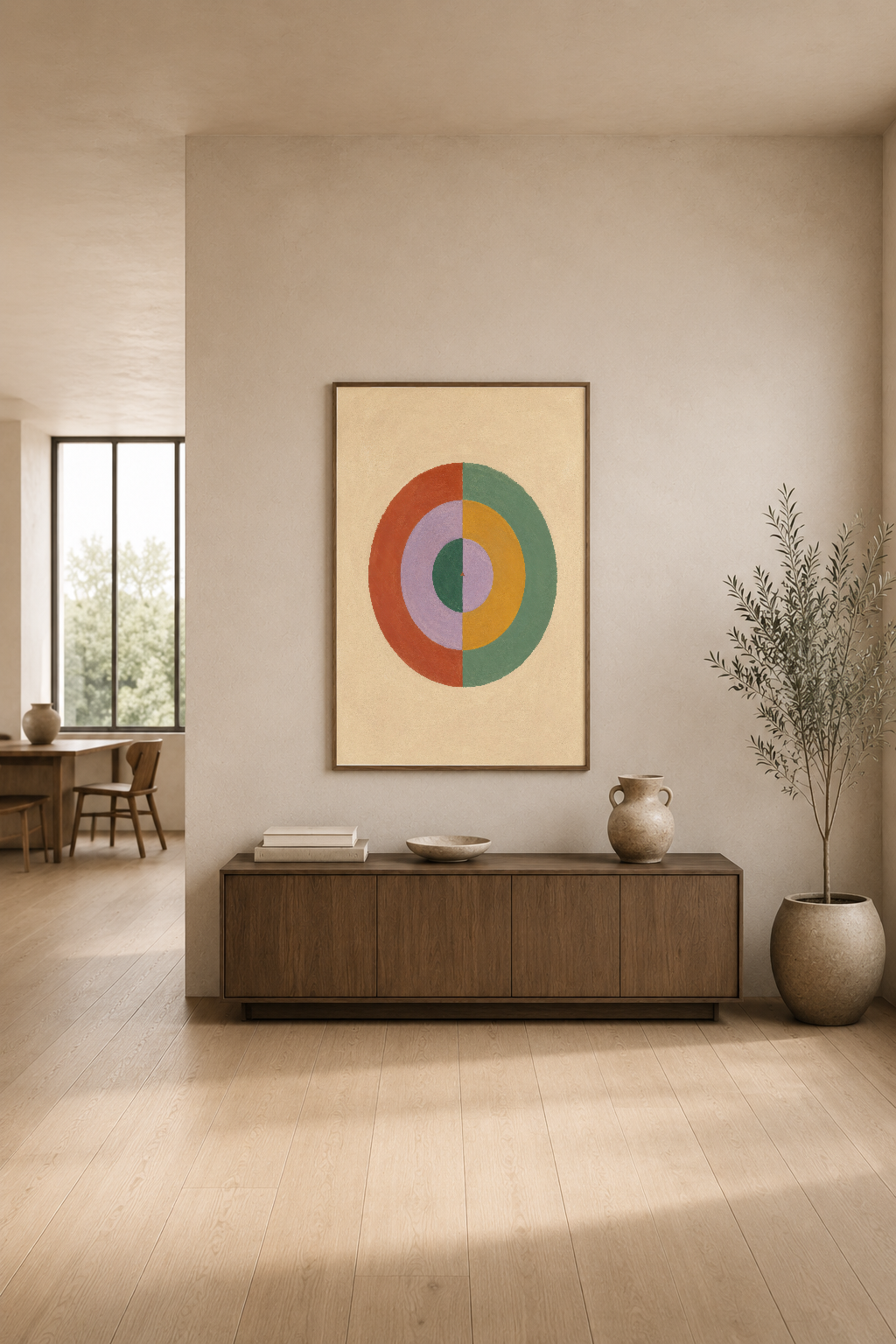 Renkli iç içe geçmiş daireler desenli sanat tablosu, modern oturma alanında dekoratif duvar aksesuarı.
