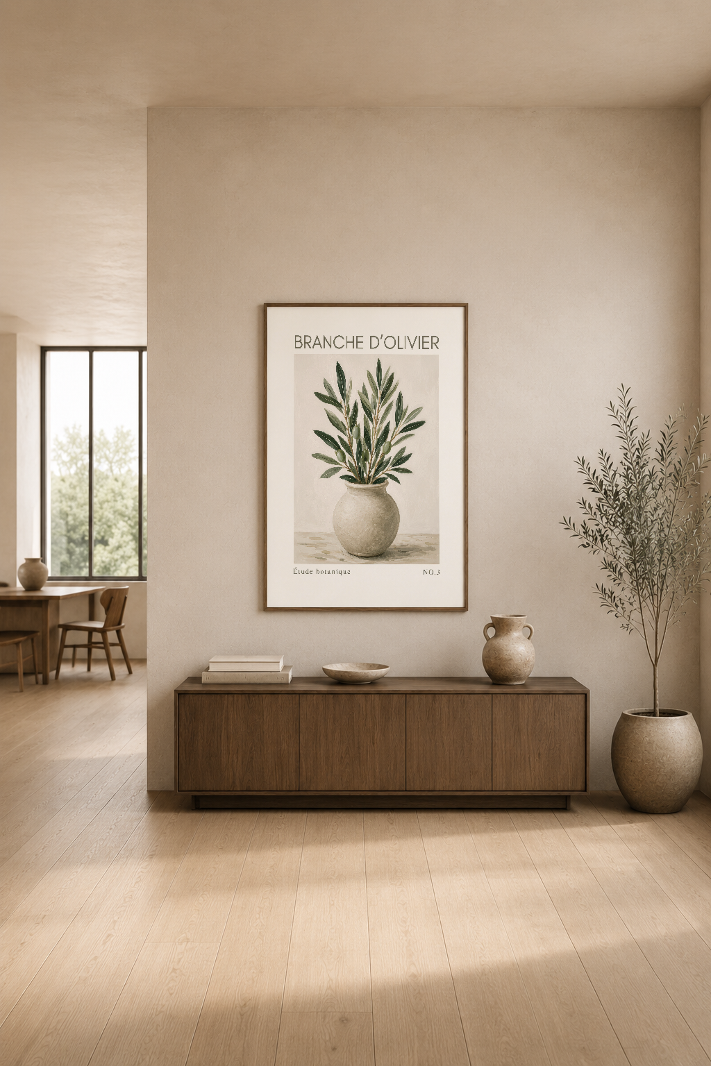 Zeytin dalı poster, modern oturma alanında ahşap mobilya üstünde zarif duvar sanat dekorasyonu.