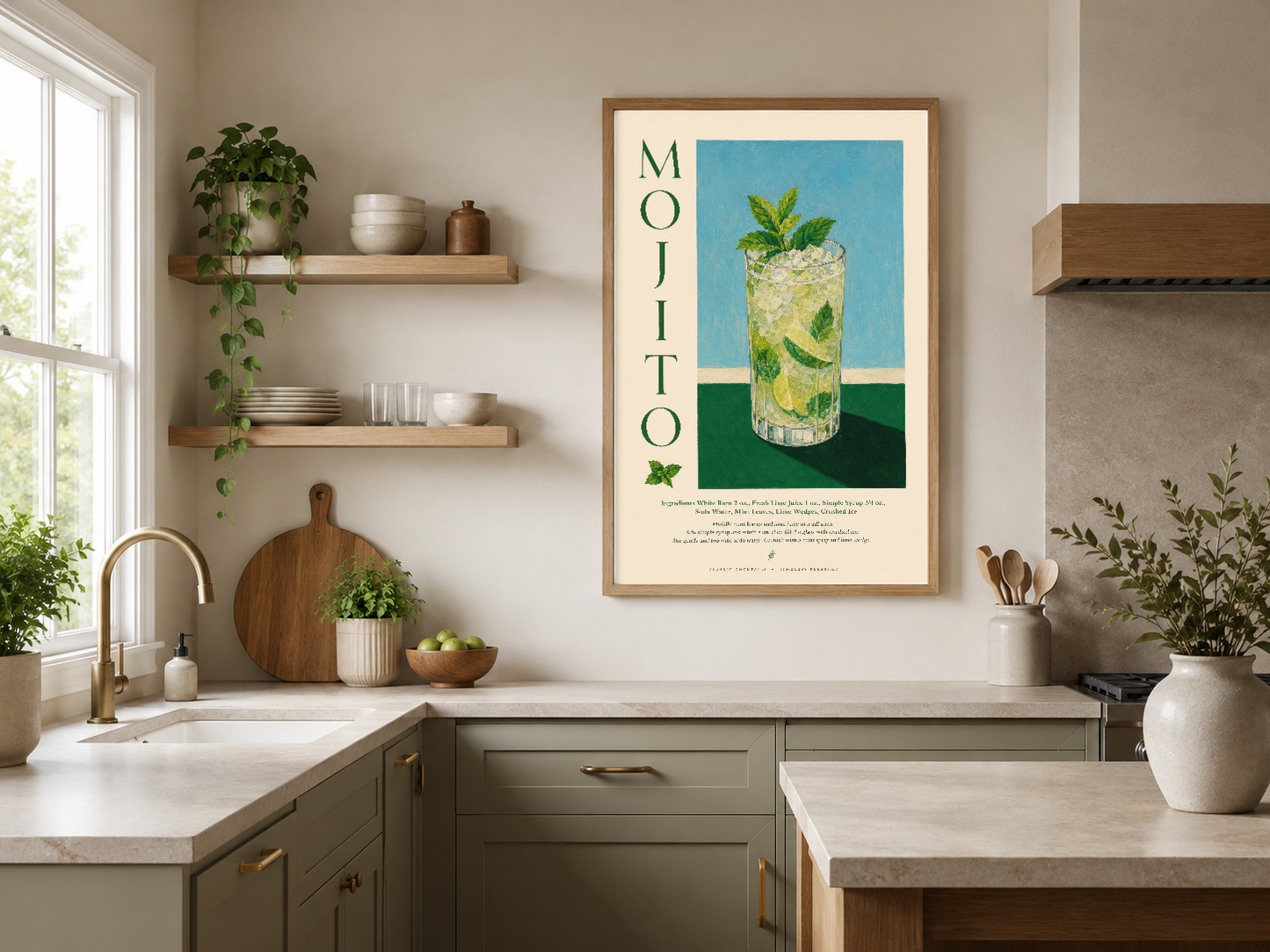 Taze nane ve limonlu mojito tablosu, ahşap çerçevede, rustik mutfak dekorasyonunda sergilenmiş.