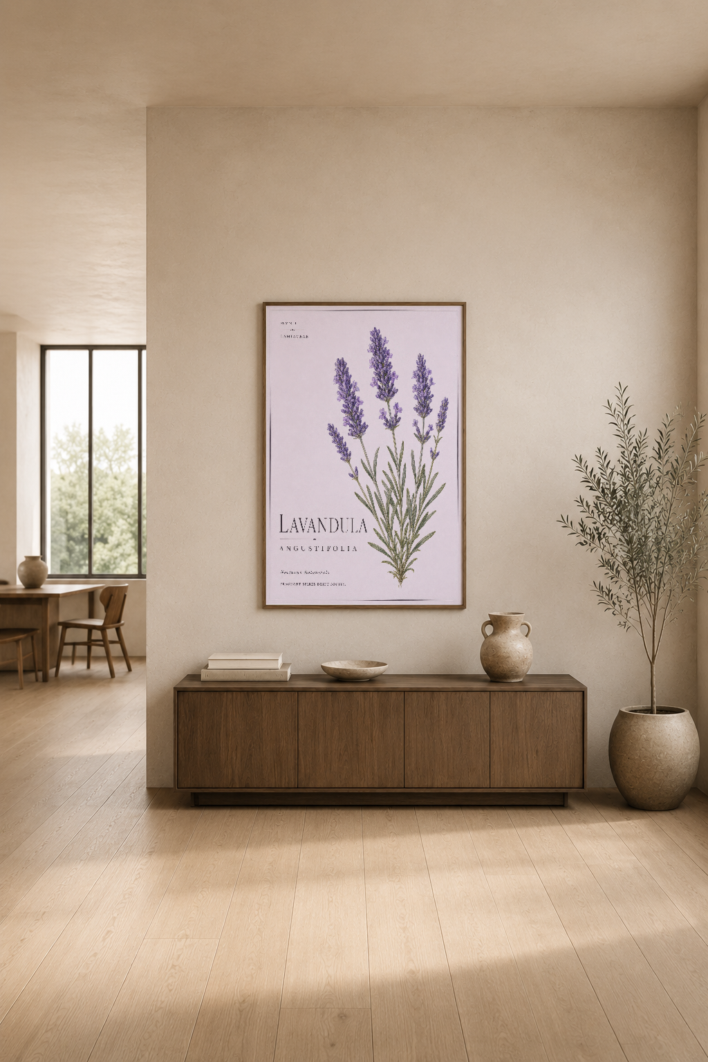 Modern oturma alanında, ahşap konsol üstünde sergilenen minimalist lavanda bitki ilustrasyonu.