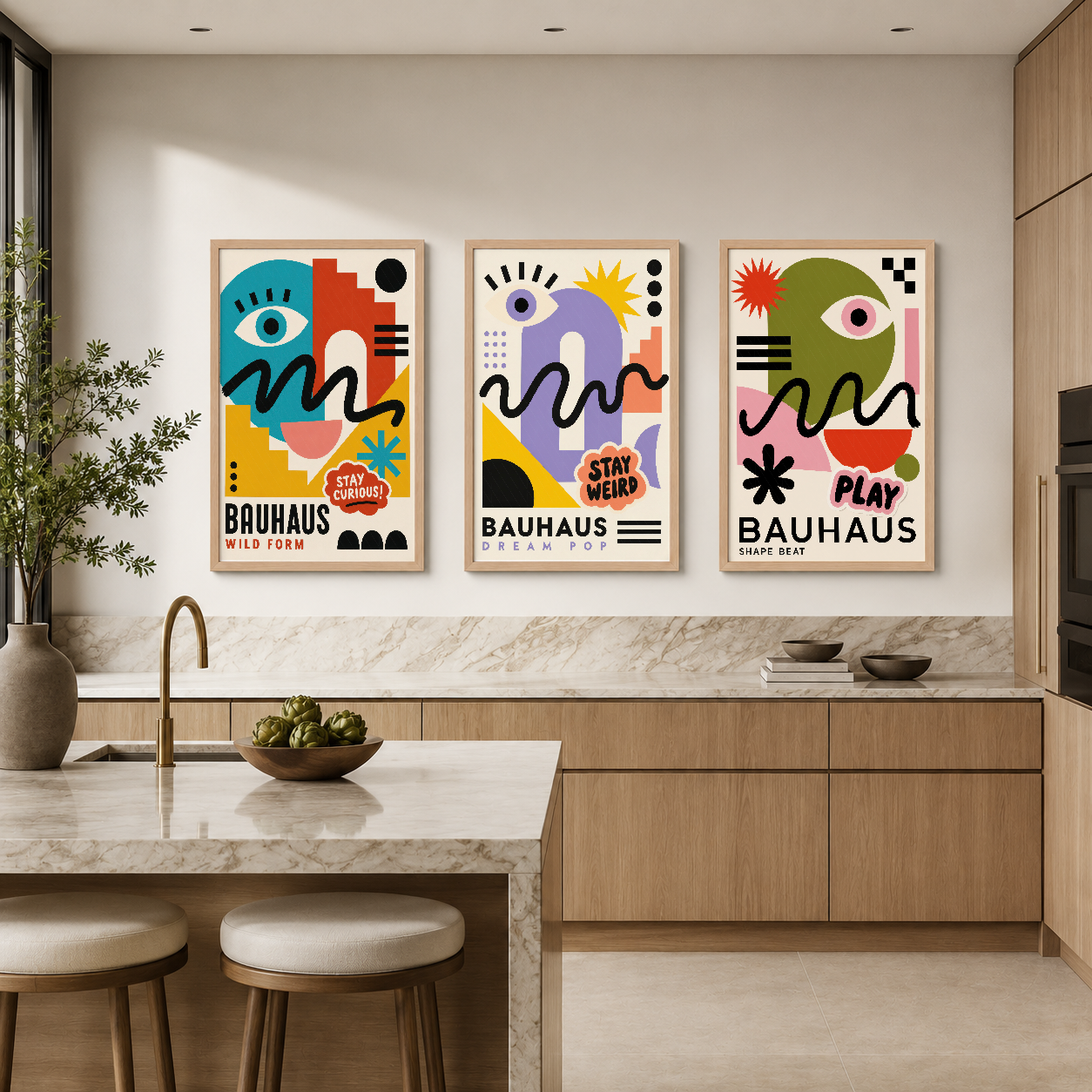 Mutfak alanında sergilenen üç parçalı Bauhaus poster seti, sanat deco ve çağdaş tasarım öğelerini harmanlayan neşeli soyut