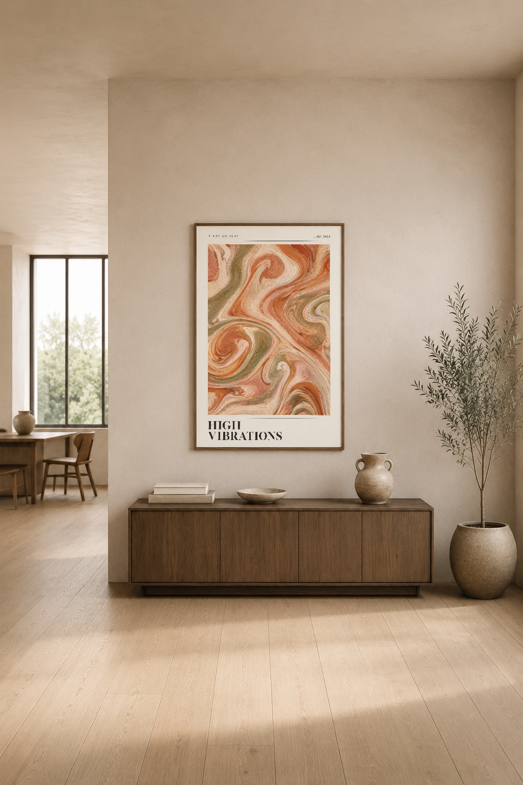 Yumuşak toprak renkleri ve spiral tasarımlı sanat tablosu, minimalist salon dekorasyonunda duvar aksesuarı olarak.